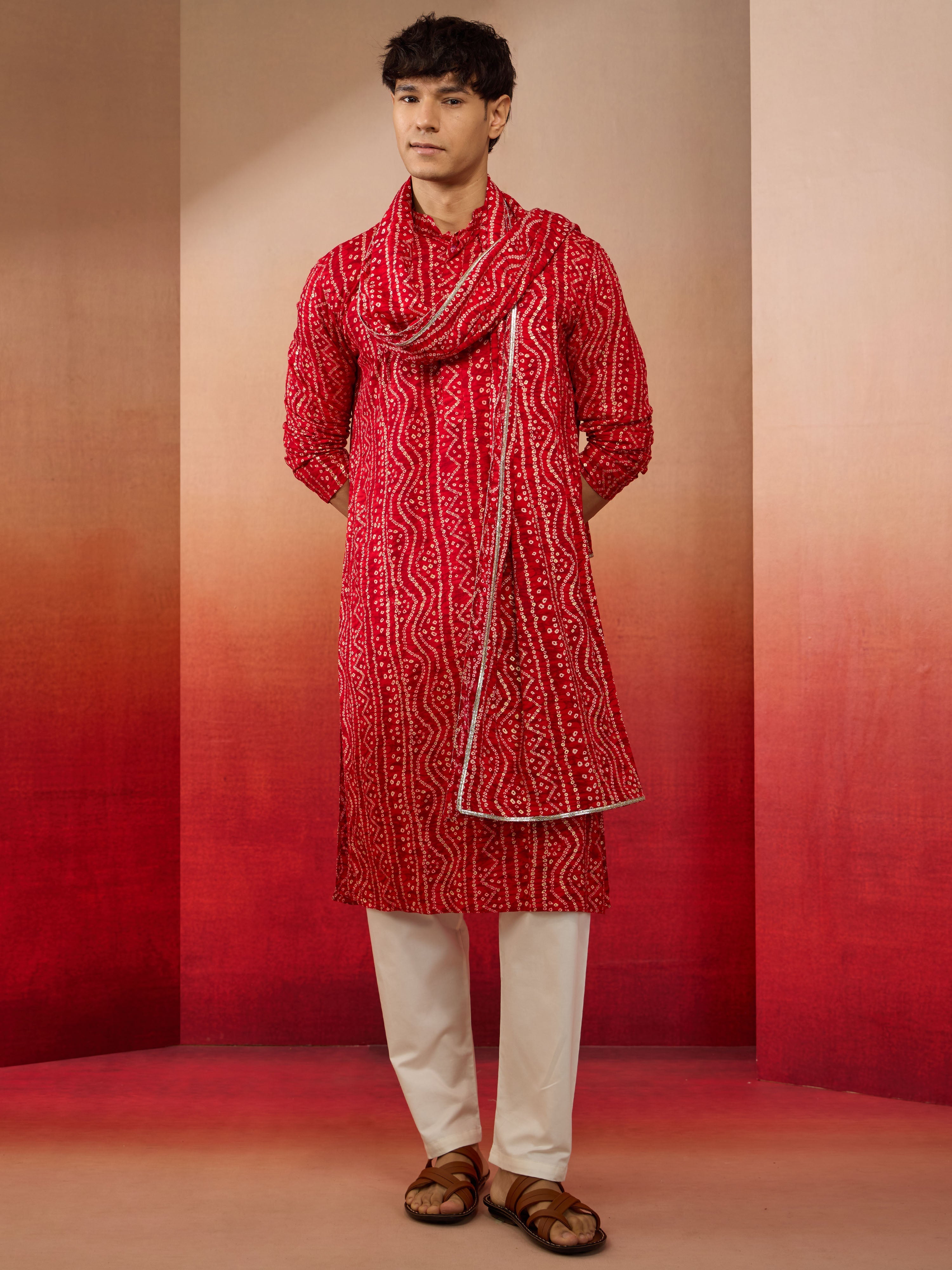 Mens Red Bandhani Kurta Set with Cream Pant and Dupatta