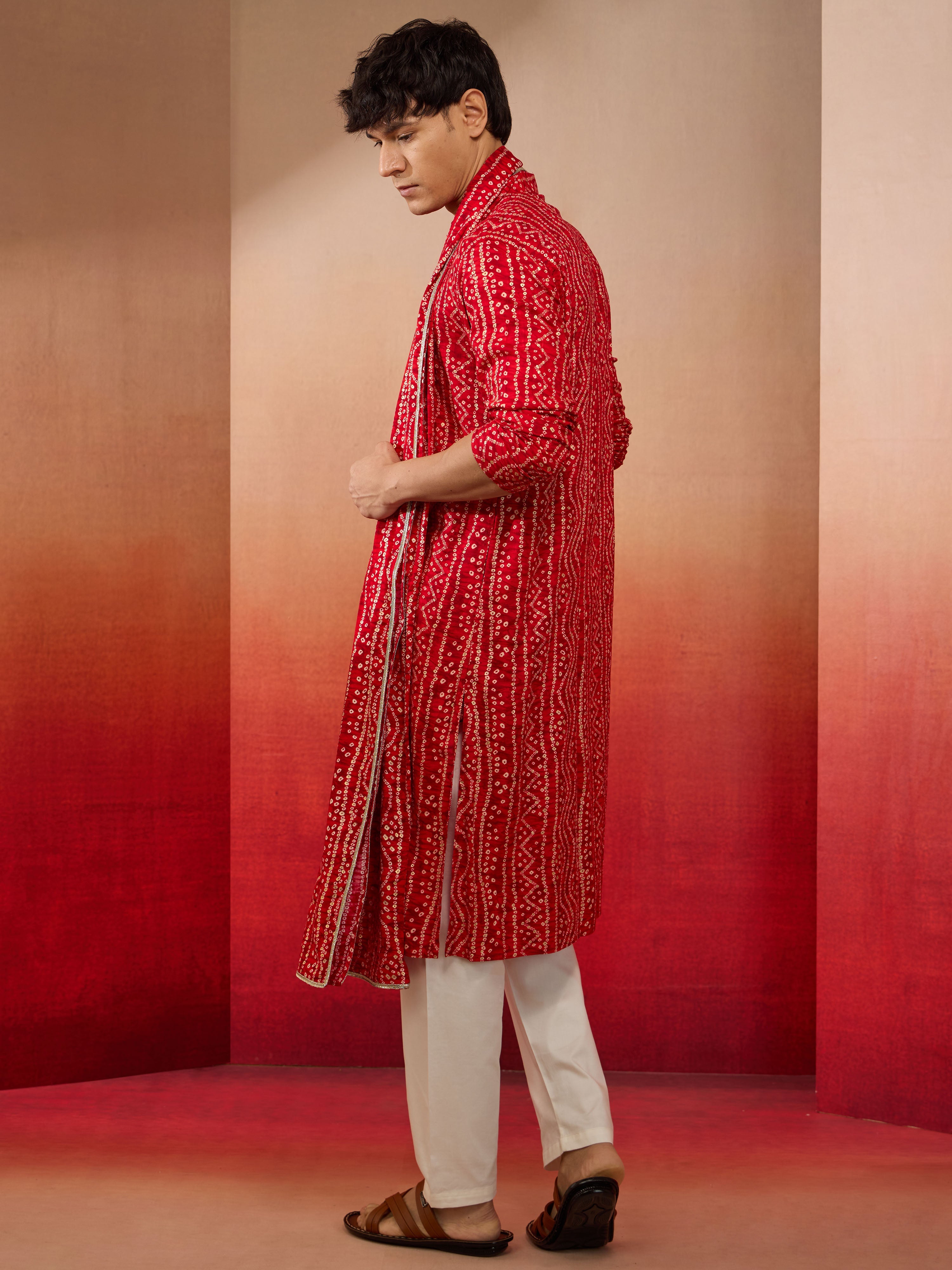 Men's Red Bandhani Kurta Set with Cream Pant and Dupatta