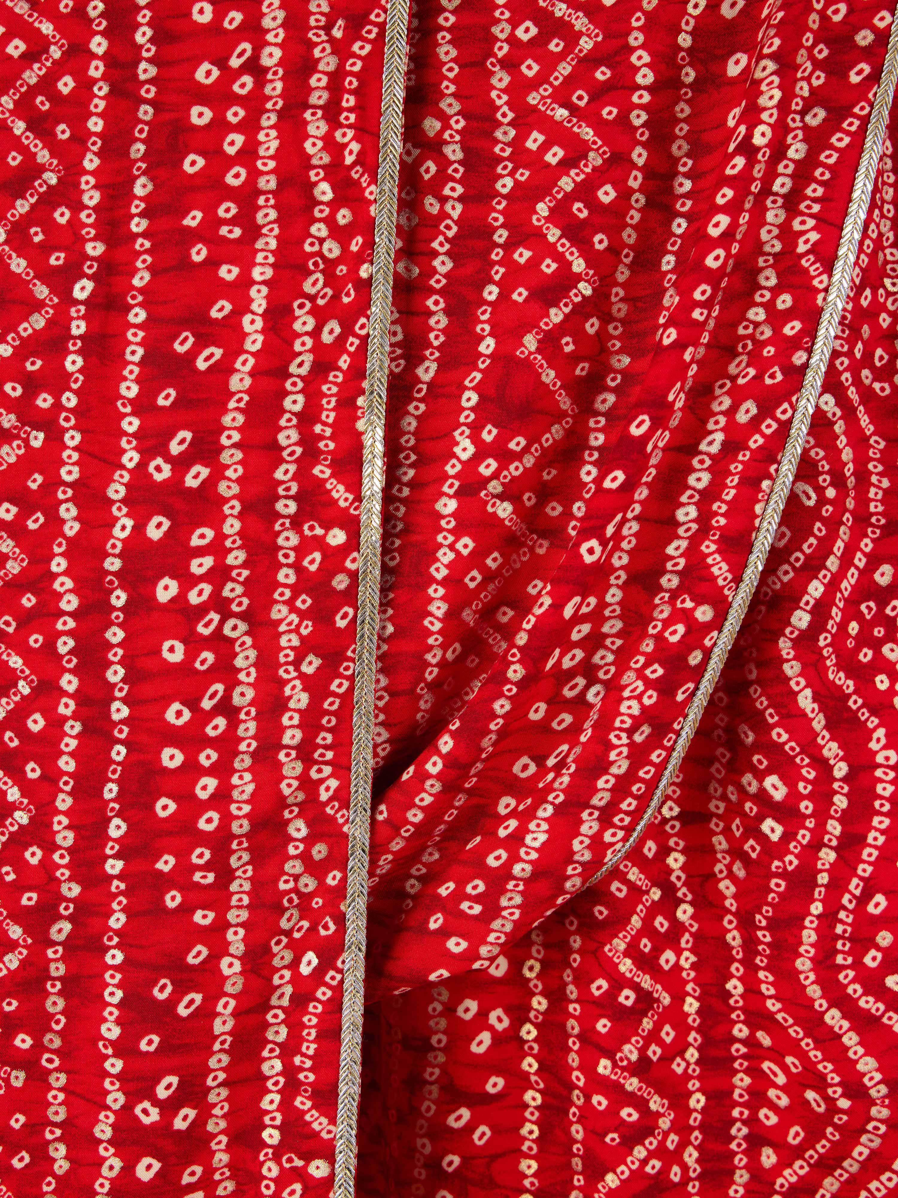 Men's Red Bandhani Kurta Set with Cream Pant and Dupatta