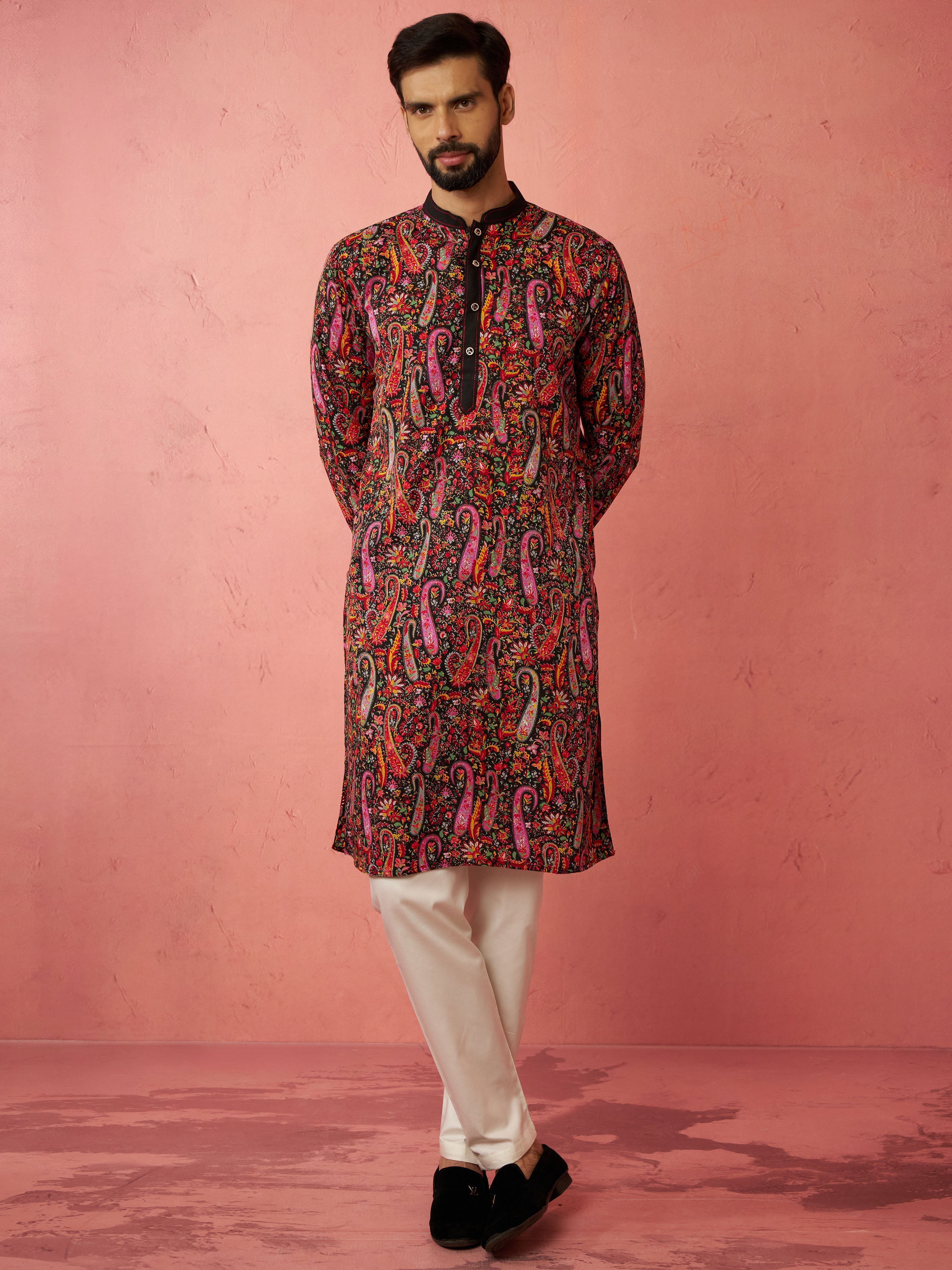 Men's Black Kurta with Cream Pyjama