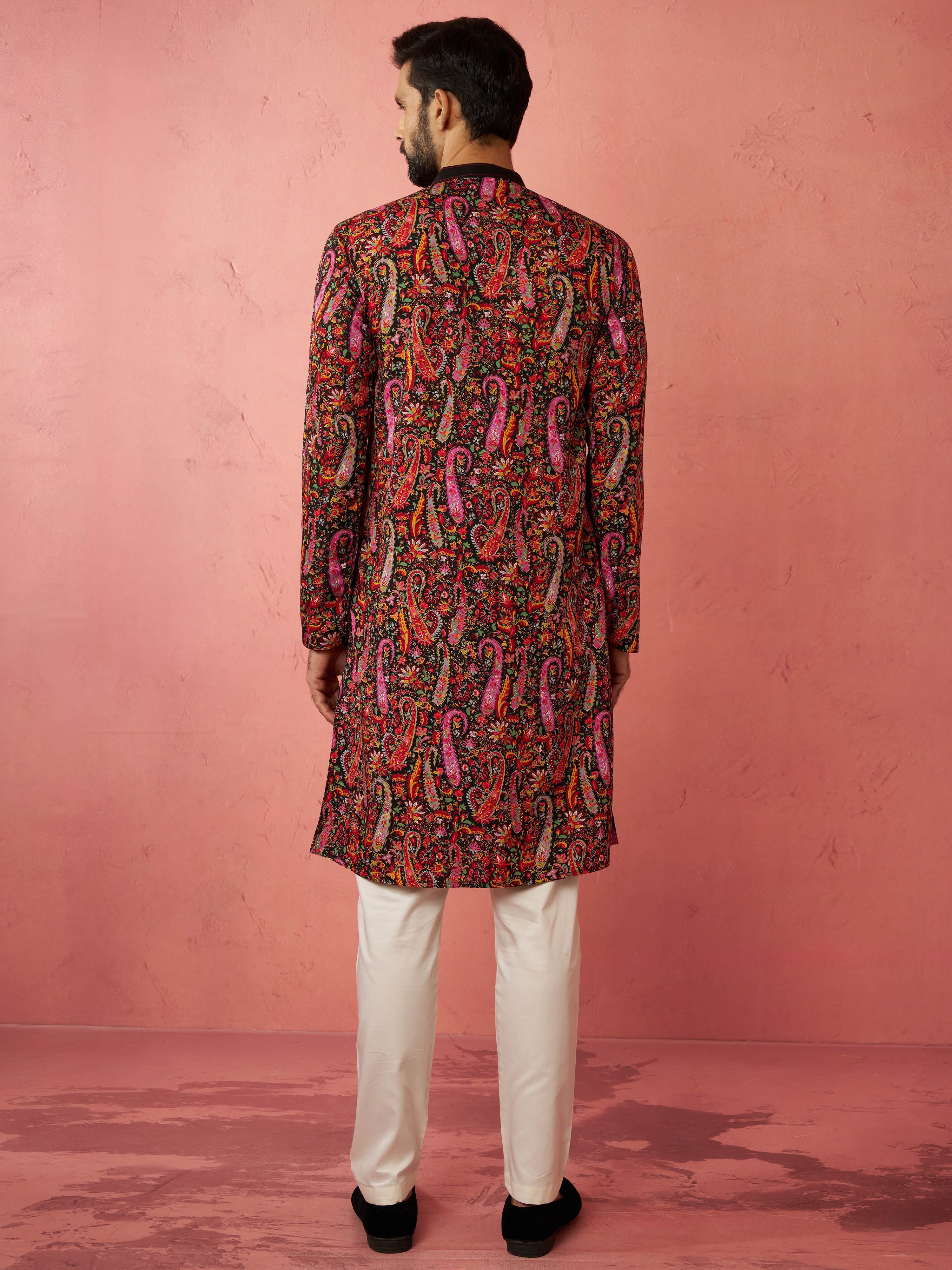 Men's Black Kurta with Cream Pyjama