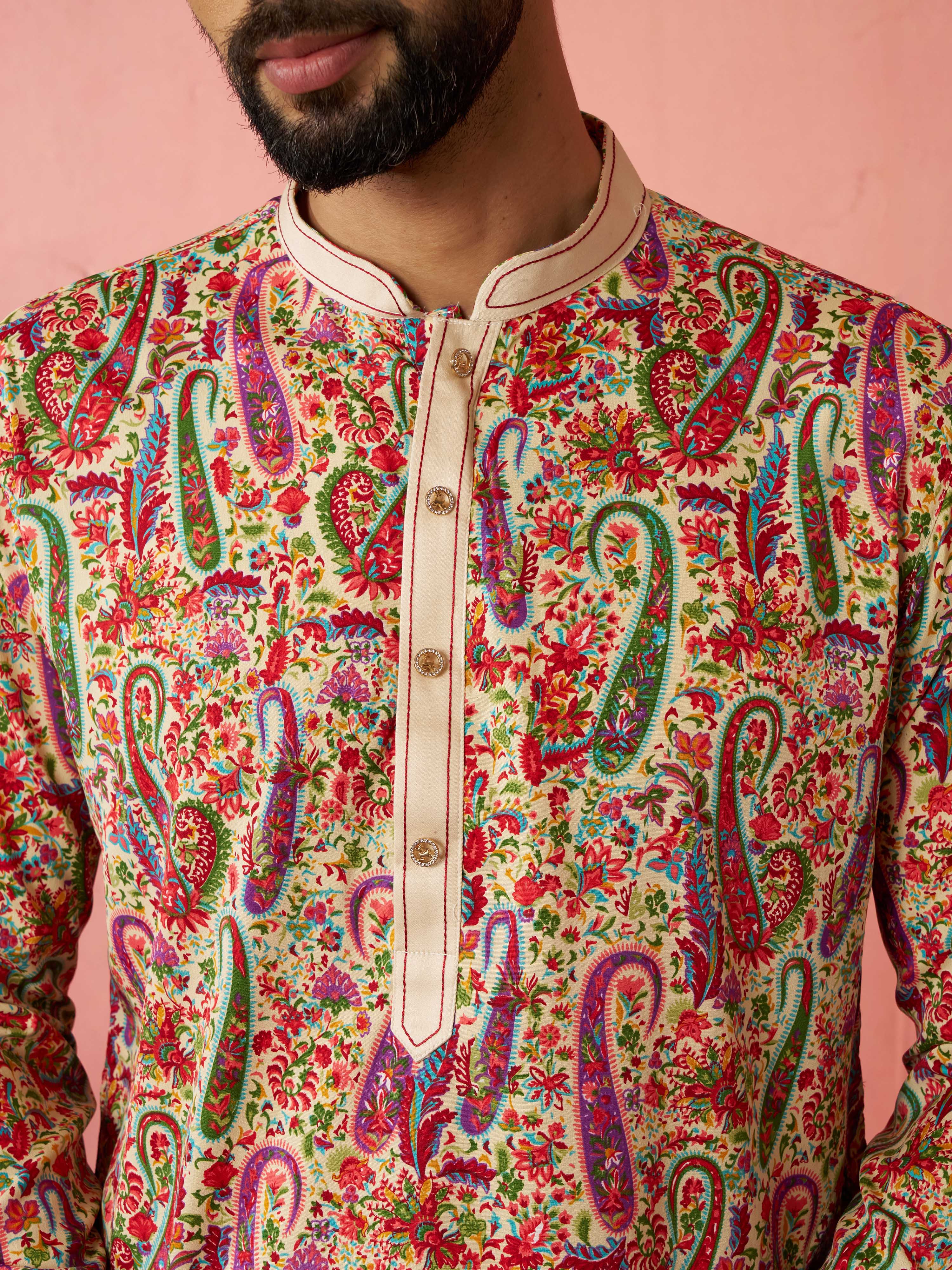 Men's Cream Kurta with Cream Pyjama
