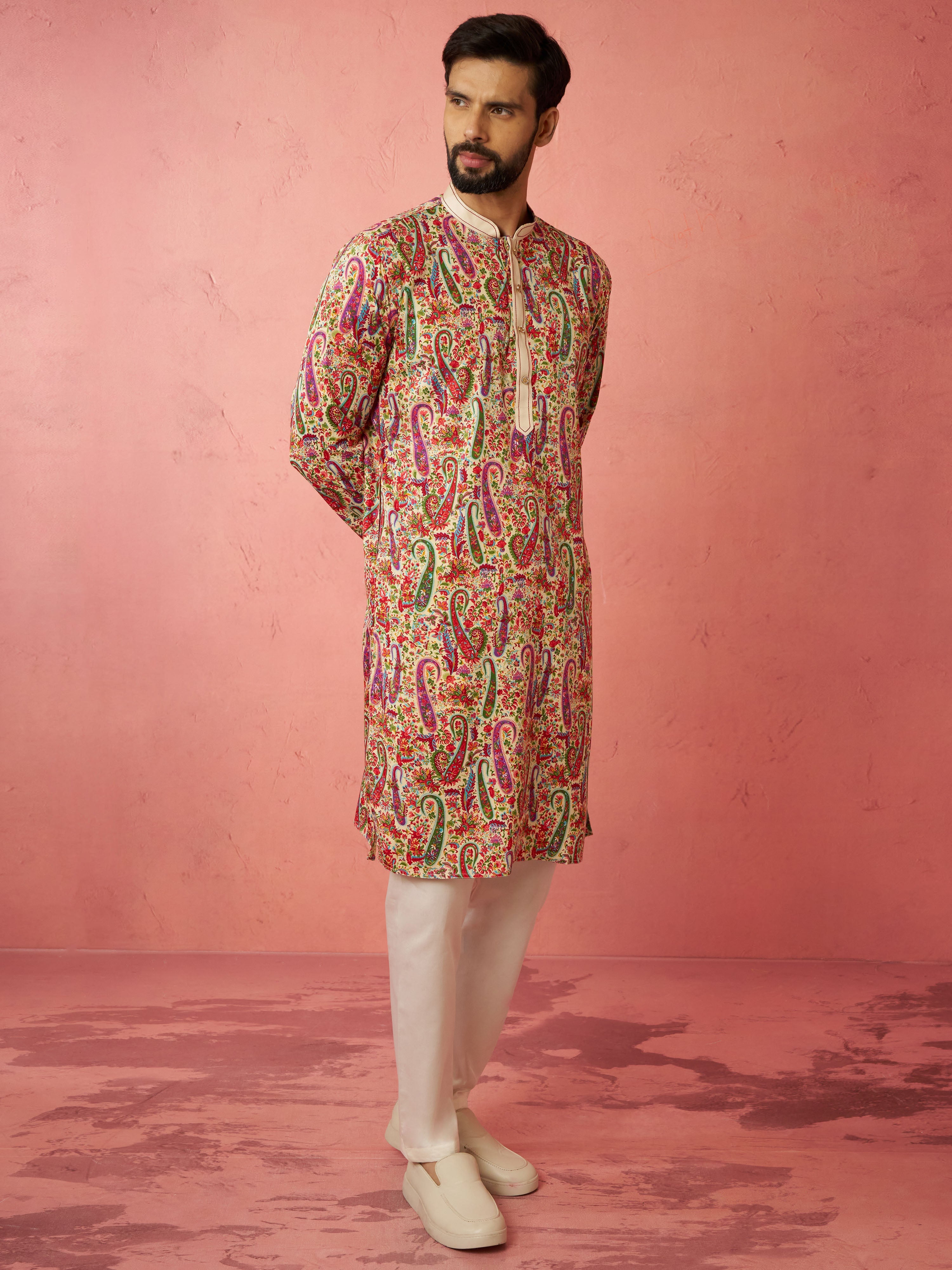 Men's Cream Kurta with Cream Pyjama