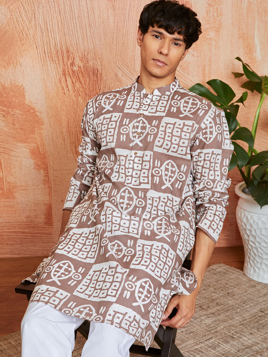 Men's Grey Batik Cotton Kurta & Pyjama Set