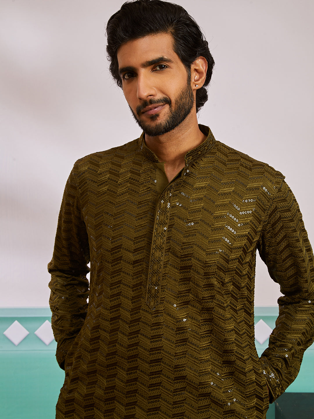 Men's Mehendi Green Rayon Kurta And Pyjama Set