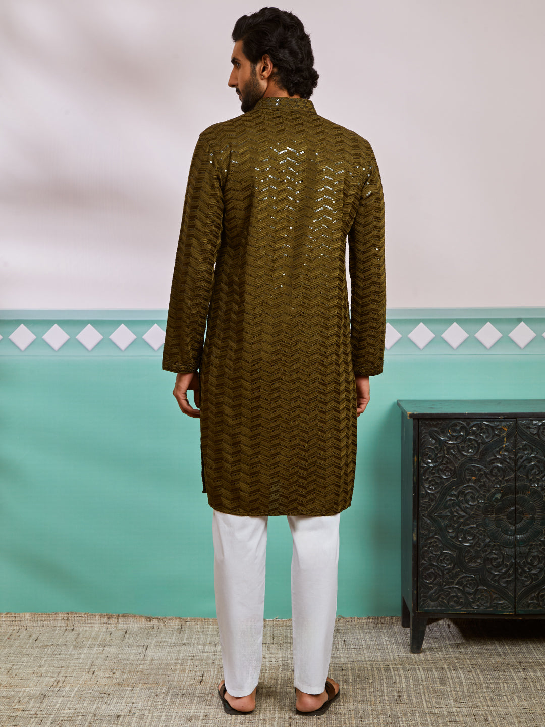 Men's Mehendi Green Rayon Kurta And Pyjama Set