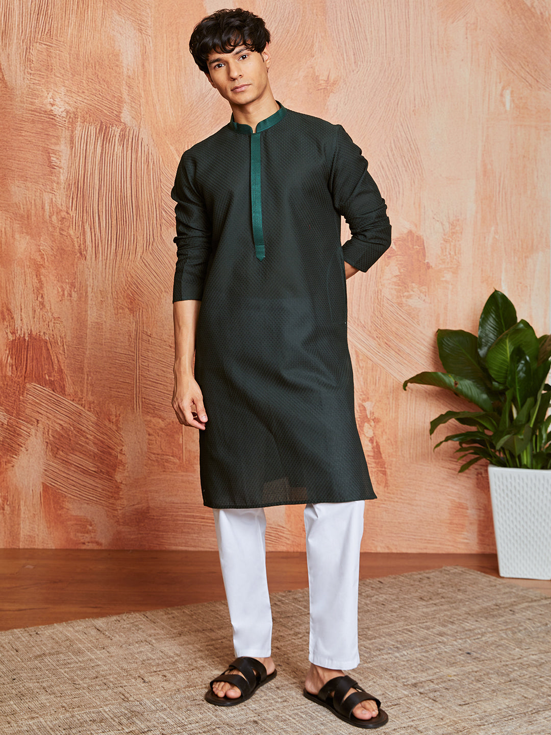 Men's Bottle Green Cotton  Kurta