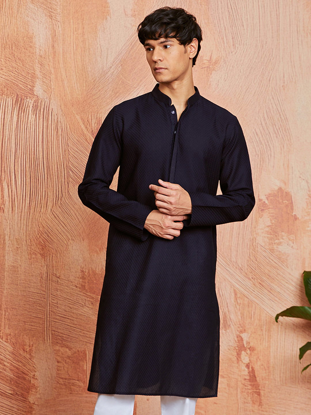 Men's Navy Blue Cotton  Kurta