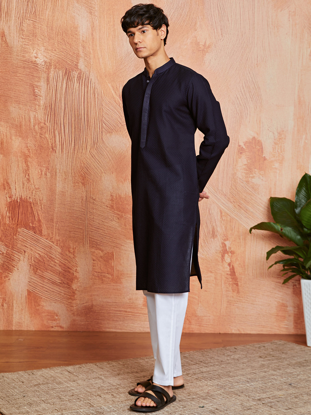 Men's Navy Blue Cotton  Kurta And Pyjama Set