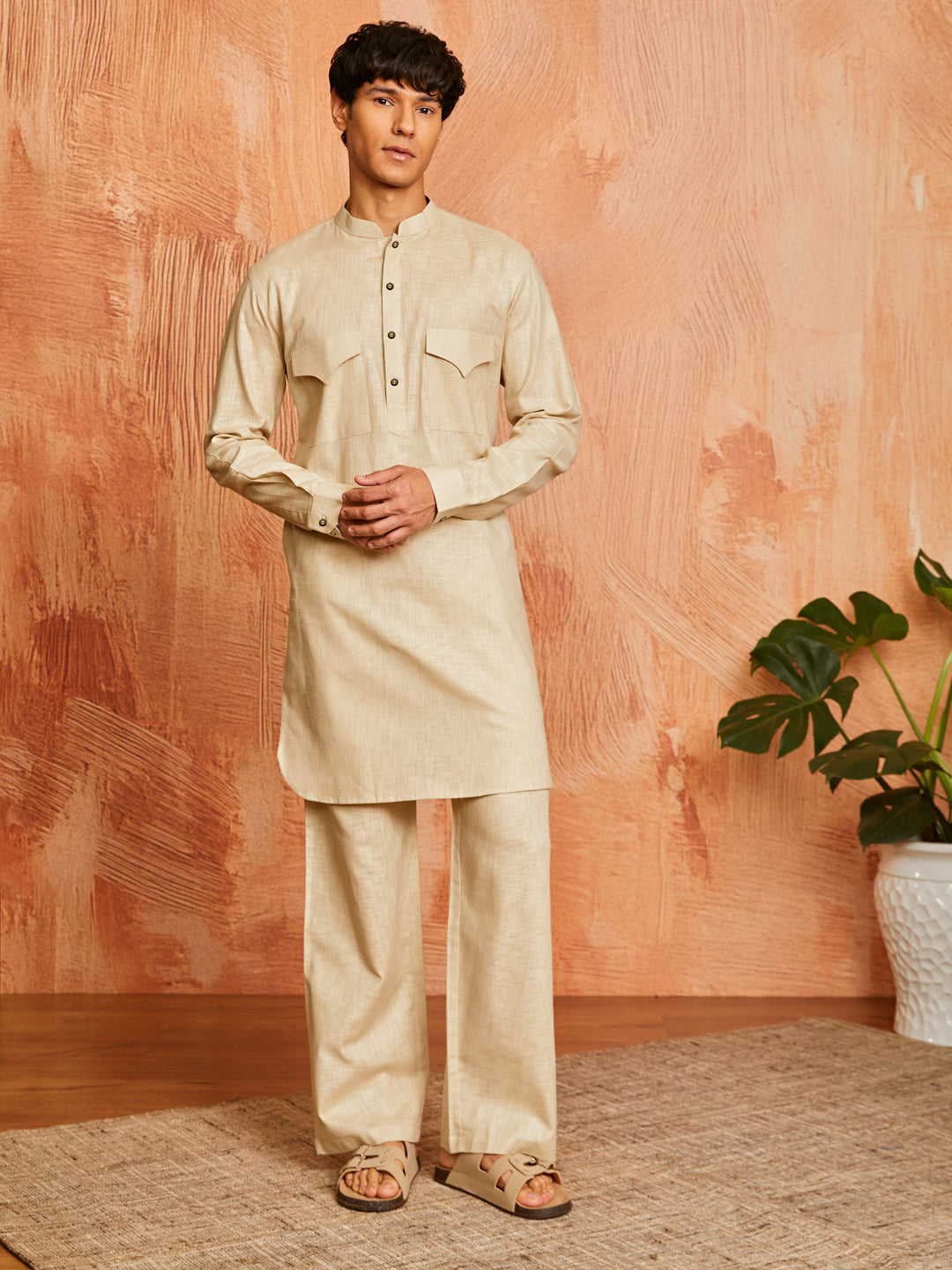 Men's Chiku Cotton Slub Kurta And Pyjama Set