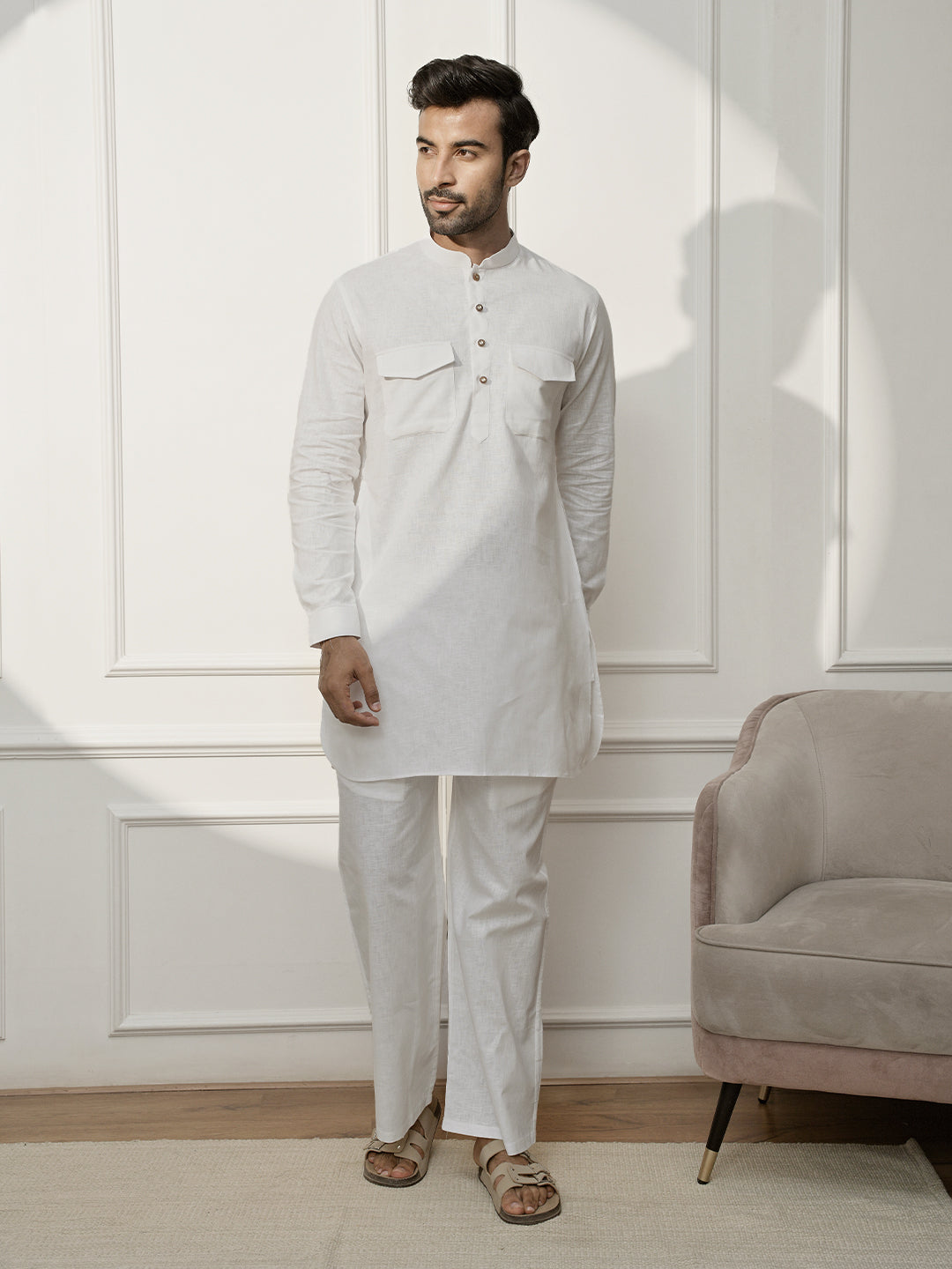 Men White Cotton Linen Pathani Kurta With Palazzo Set