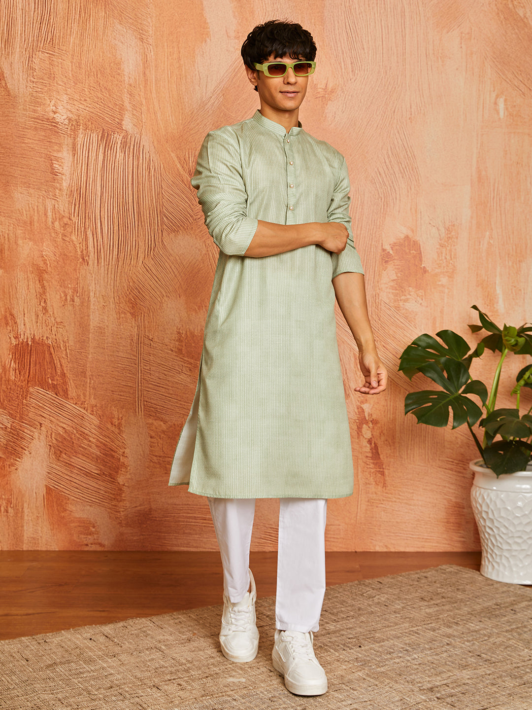 Men's Green Cotton Blend Kurta