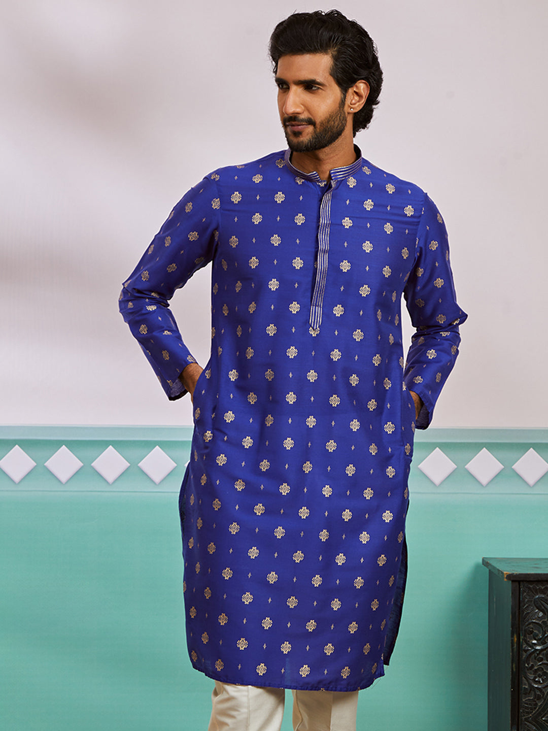 Men's Royal Blue Silk Blend Kurta