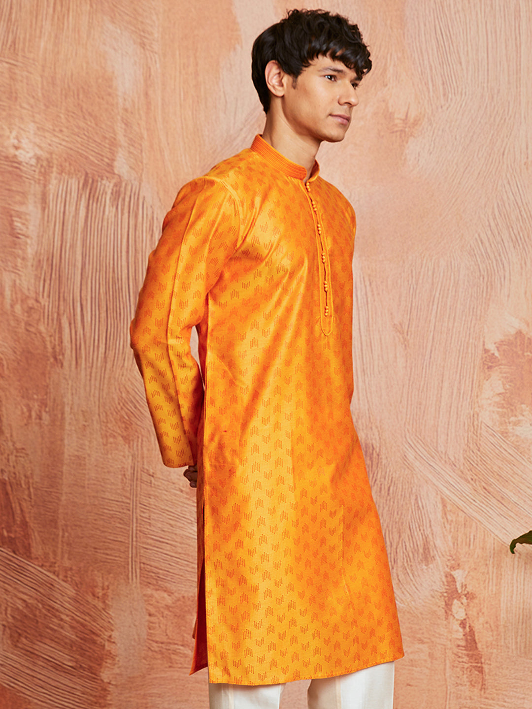 Men's Orange Silk Blend Kurta