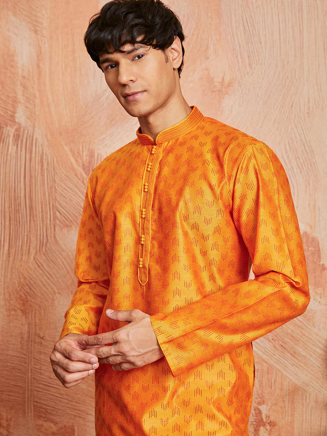 Men's Orange Silk Blend Kurta