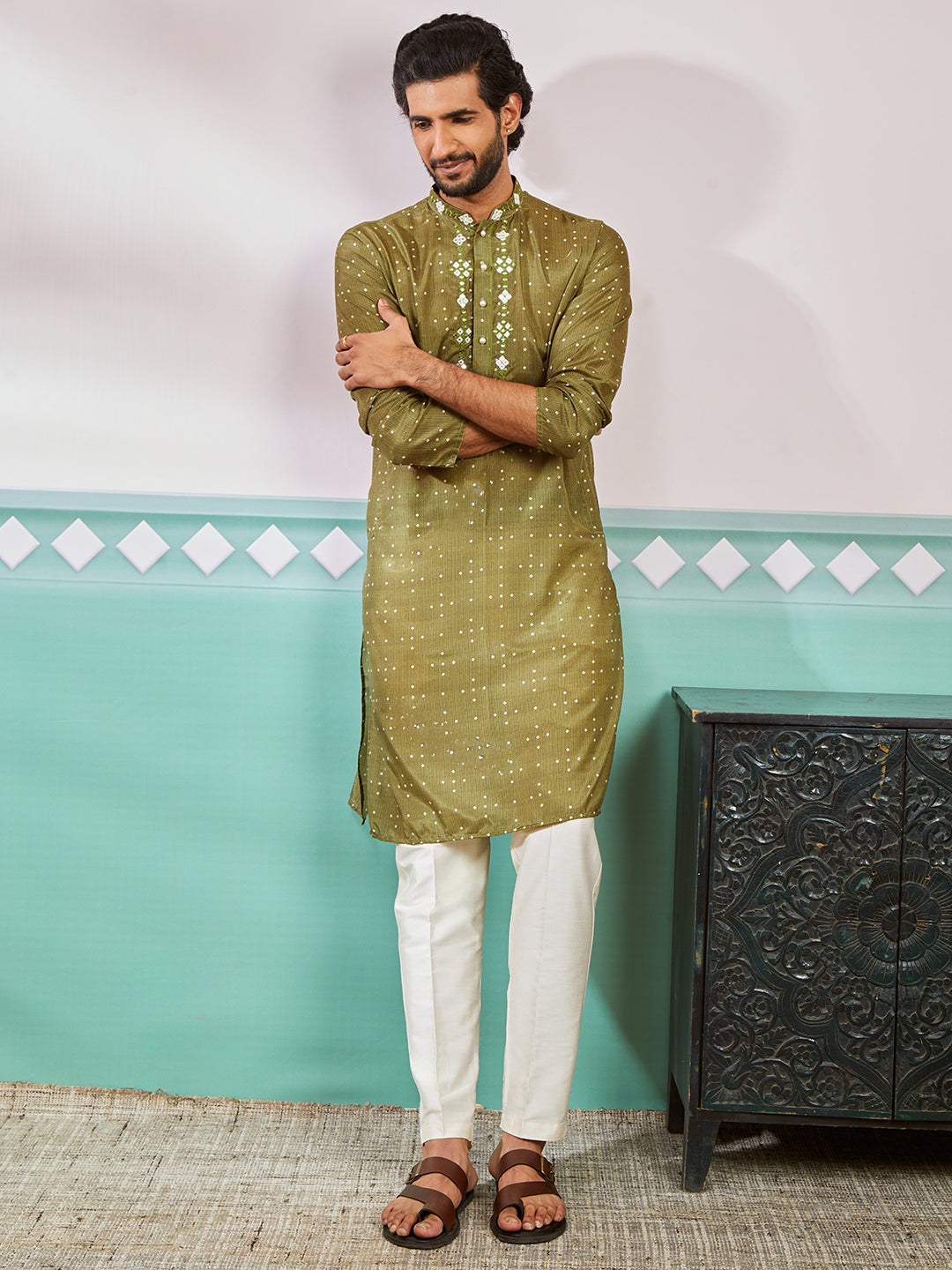 Men's Green Cotton Silk Kurta And Pyjama Set