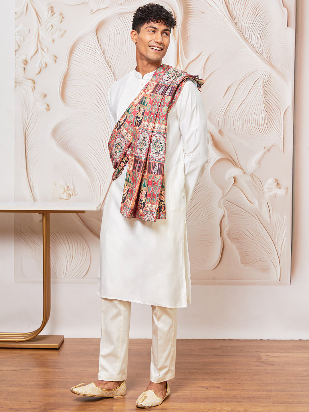 Men's White Silk Blend Kurta, Pant And Dupatta Set