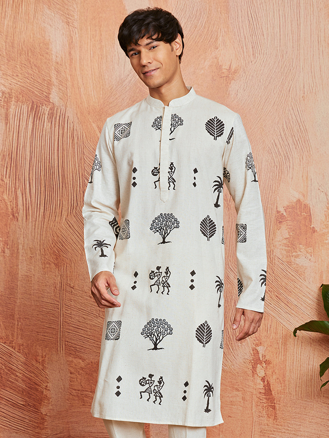Men's Cream Block Print Cotton Kurta