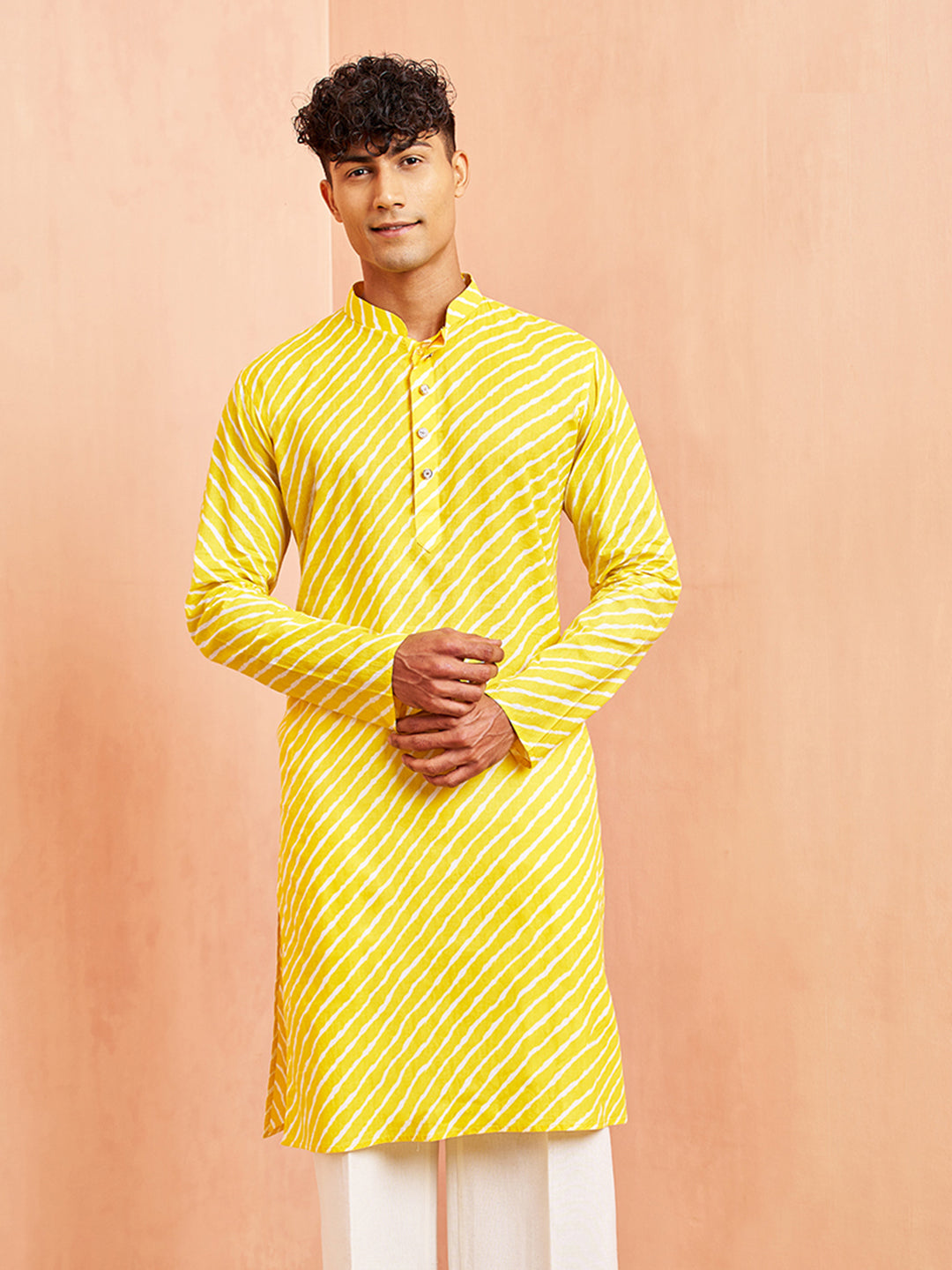Men's Yellow Lehariya Cotton Kurta