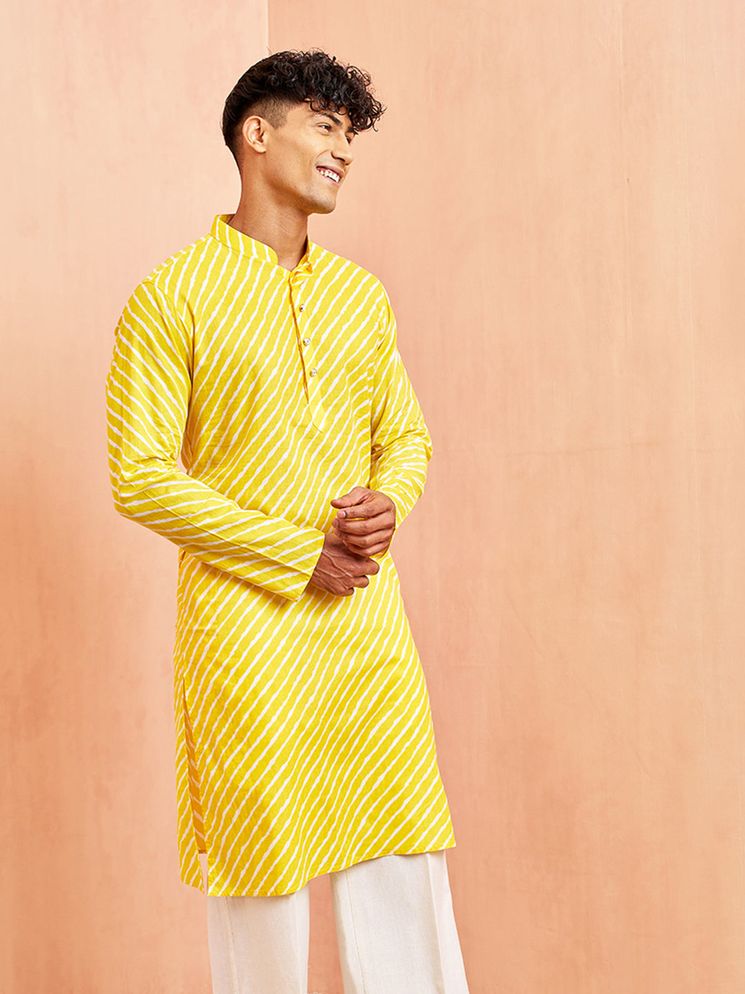 Men's Yellow Lehariya Cotton Kurta