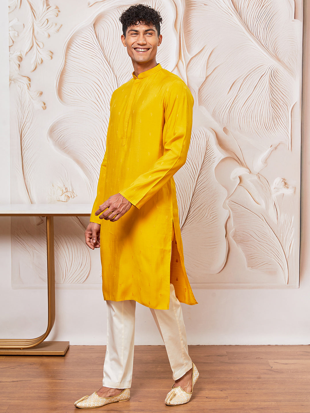 Men's Mustard Cotton Blend Kurta Pant Set