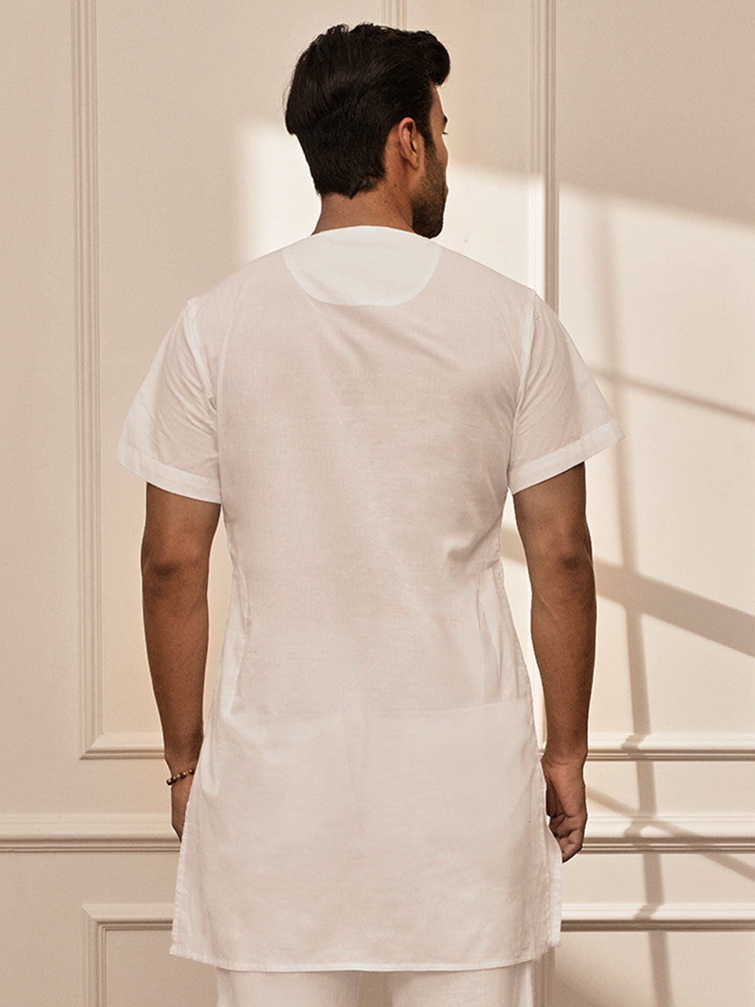 Men White Cambric Cotton Mid-Length Yoga Kurta
