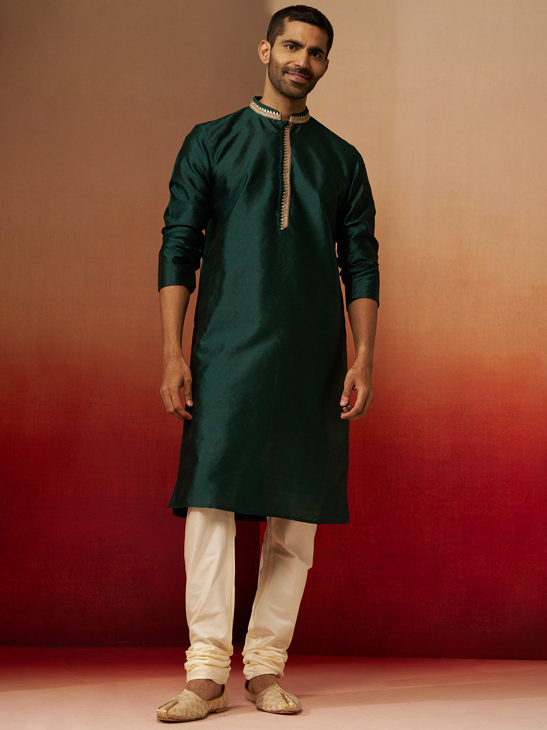 Men's Bottle Green Jacquard Kurta with Cream Churidar Set