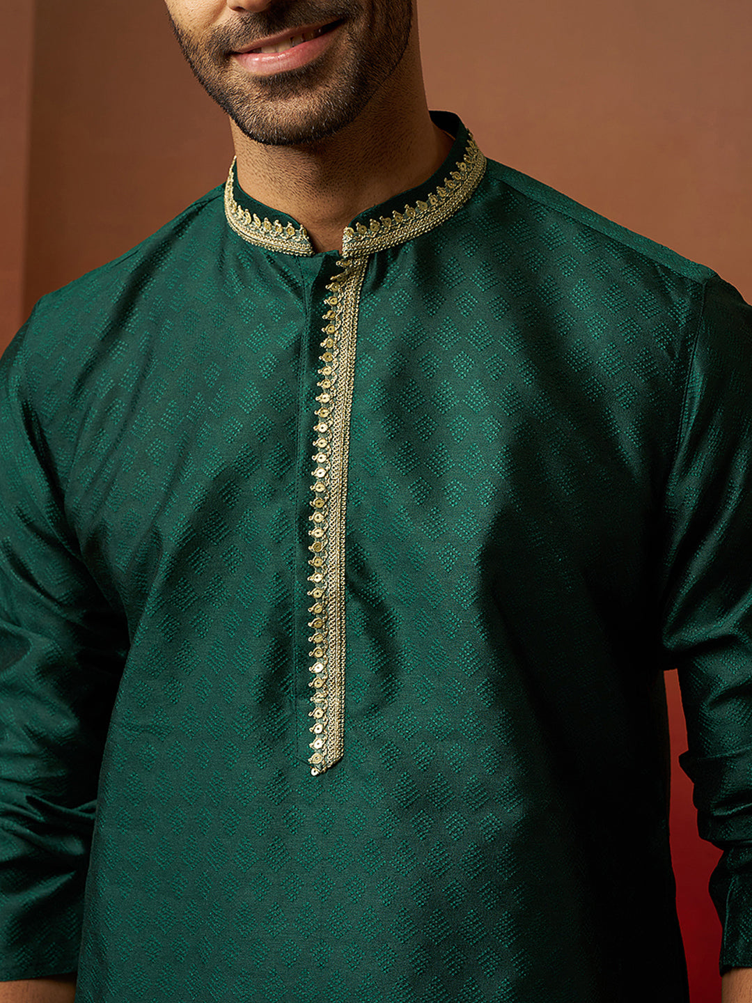 Men's Bottle Green Jacquard Kurta with Cream Churidar Set