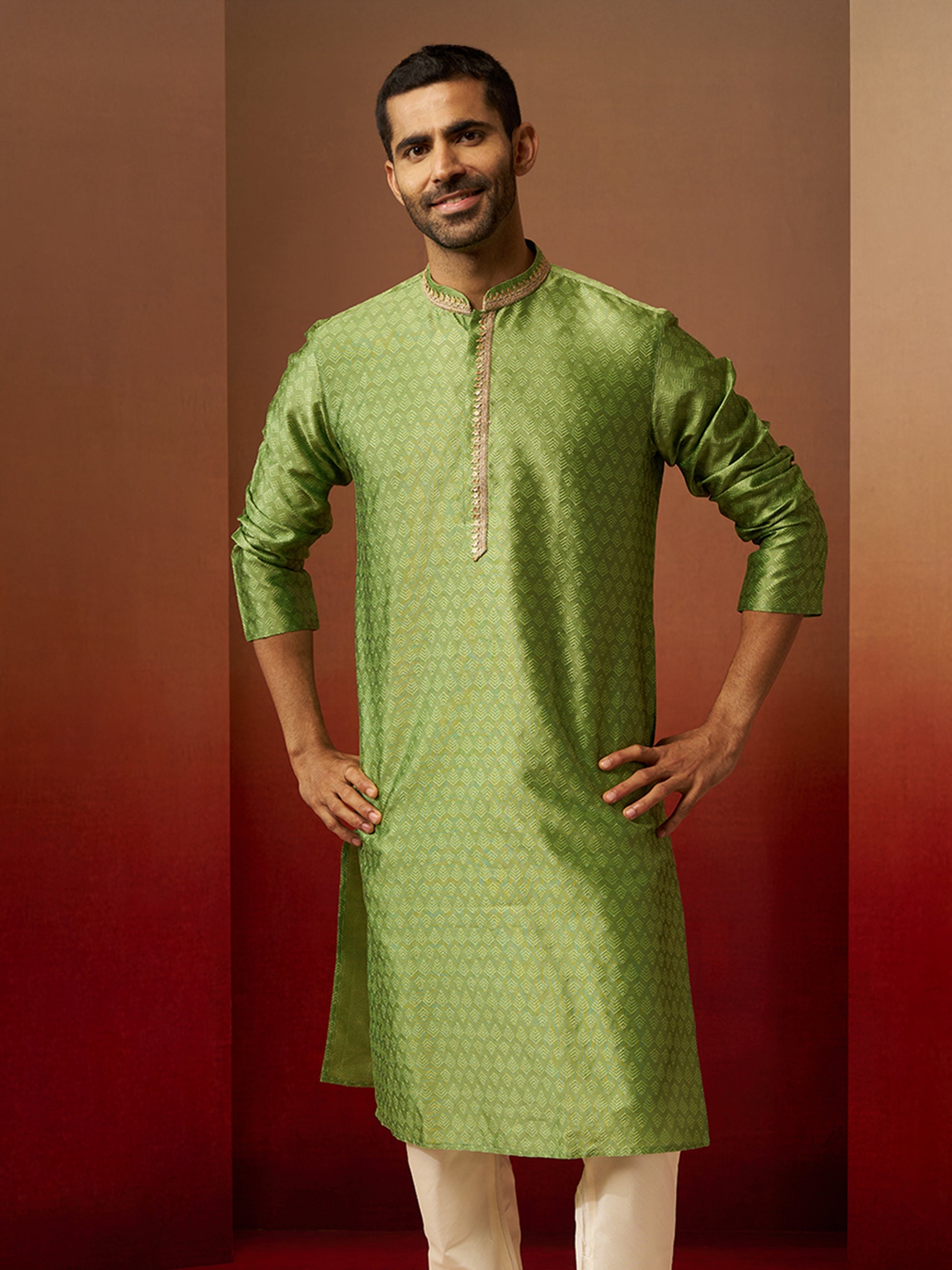 Vastramay Men Green Silk Anmol Jacquard Kurta