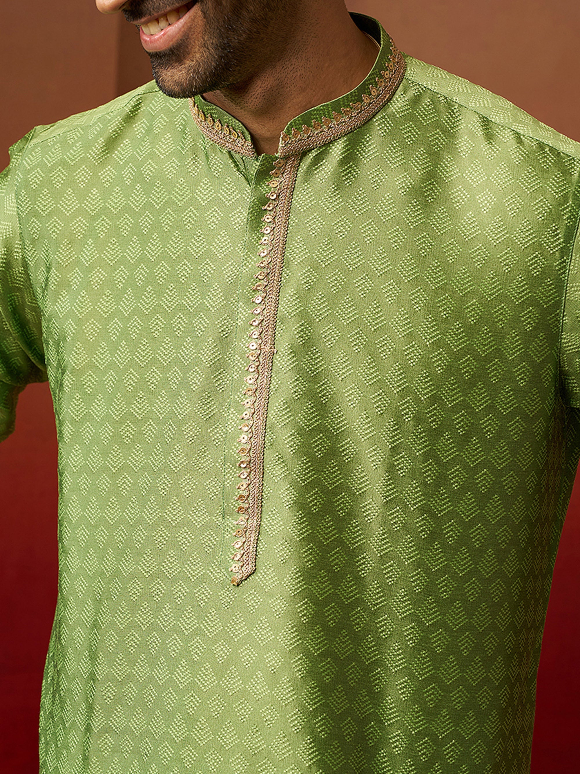 Vastramay Men Green Silk Anmol Jacquard Kurta