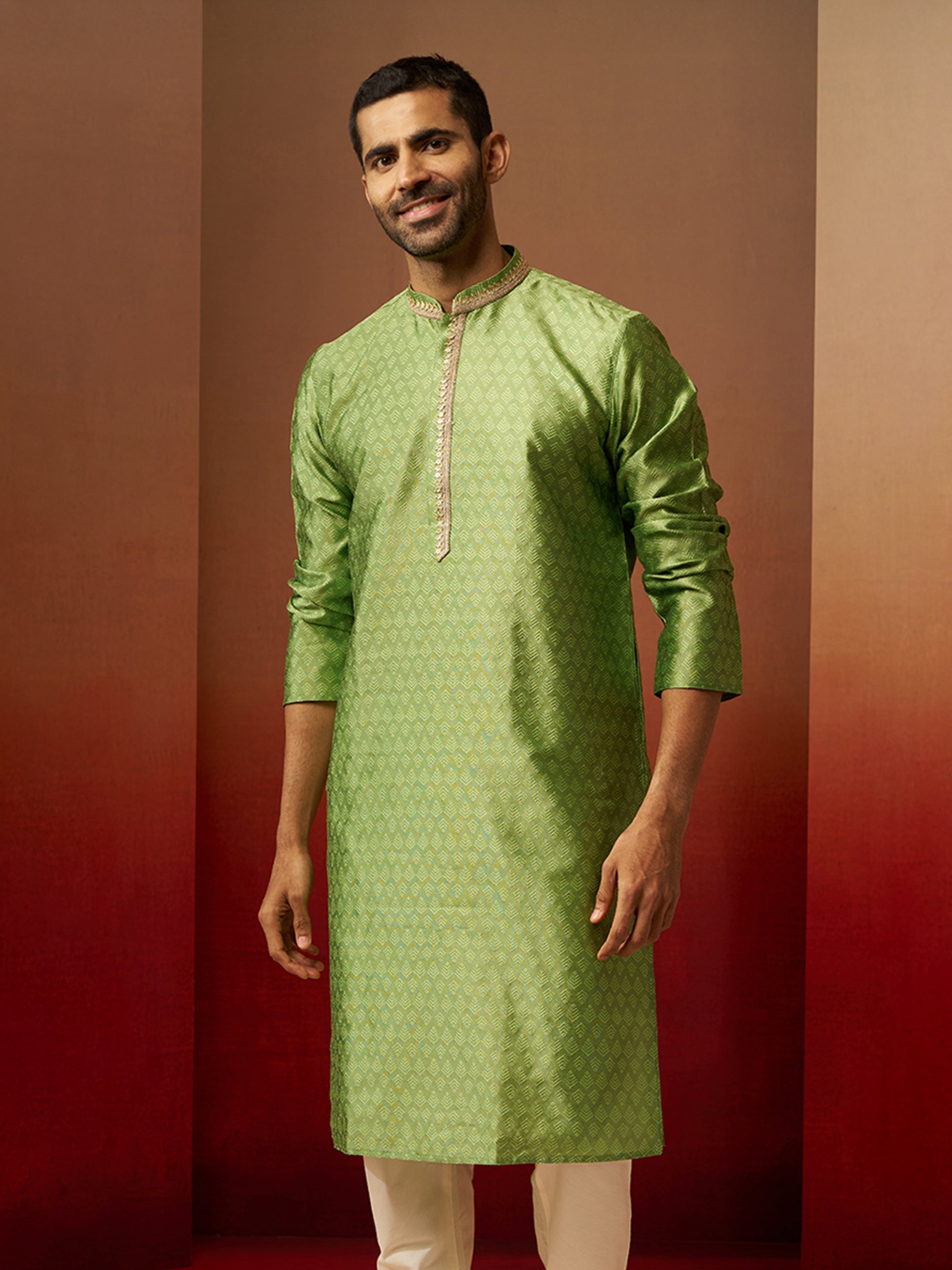 Vastramay Men Green Silk Anmol Jacquard Kurta
