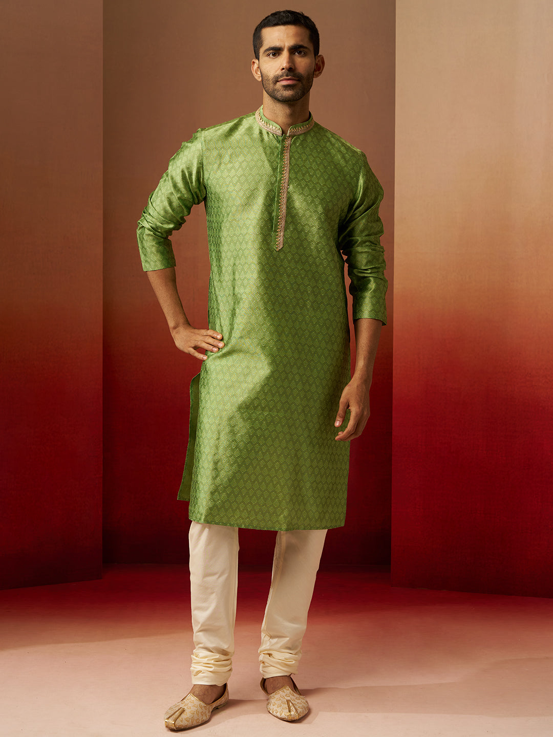 Men's Green Jacquard Kurta with Cream Churidar Set