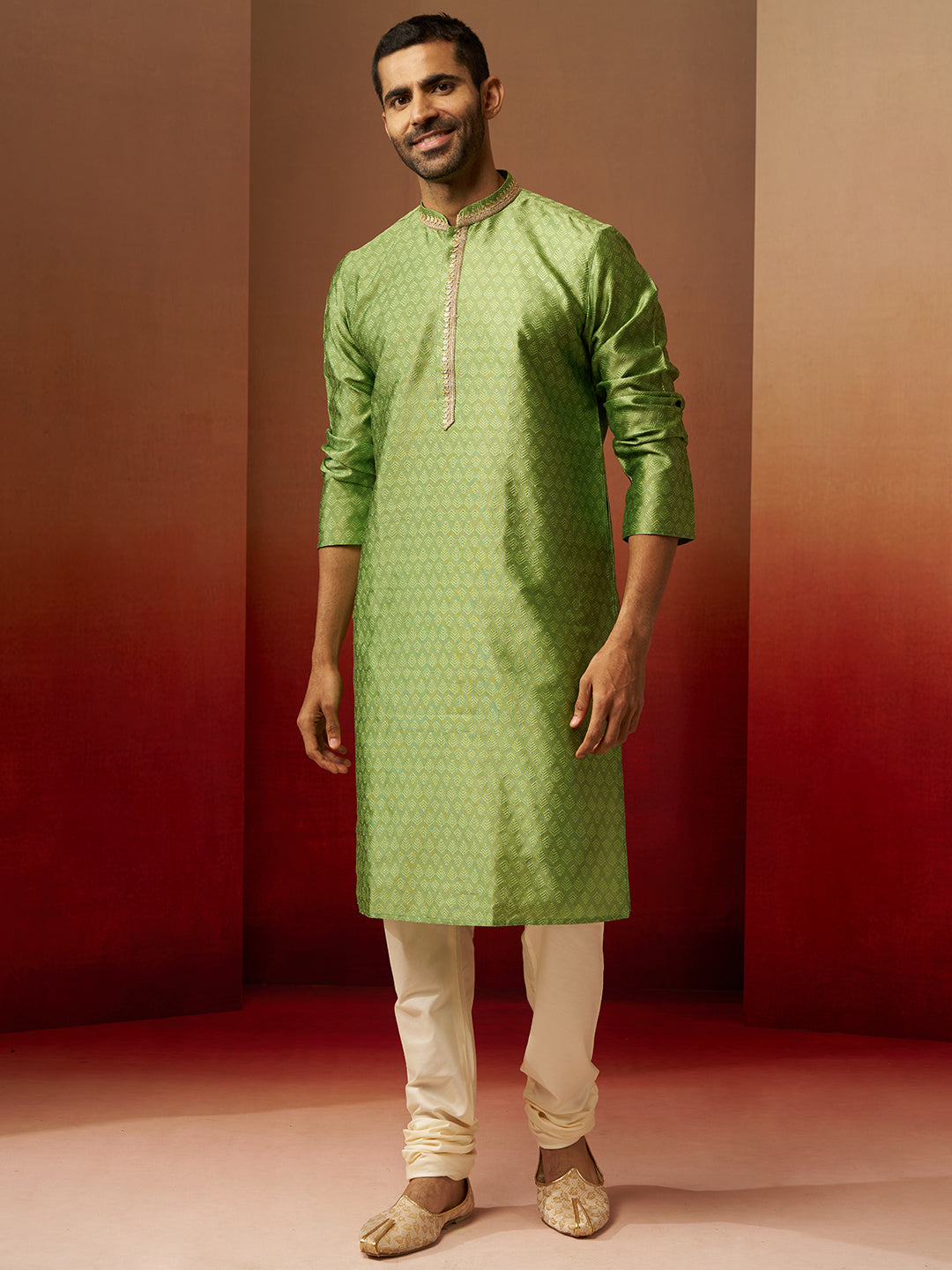 Men's Green Jacquard Kurta with Cream Churidar Set