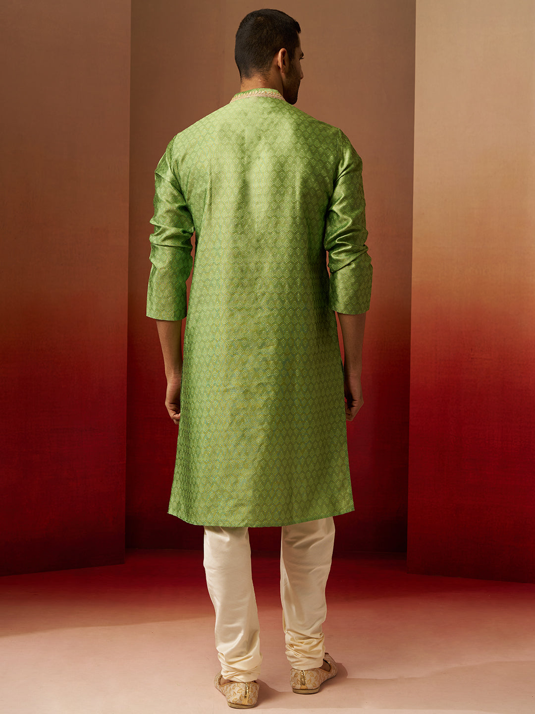 Men's Green Jacquard Kurta with Cream Churidar Set