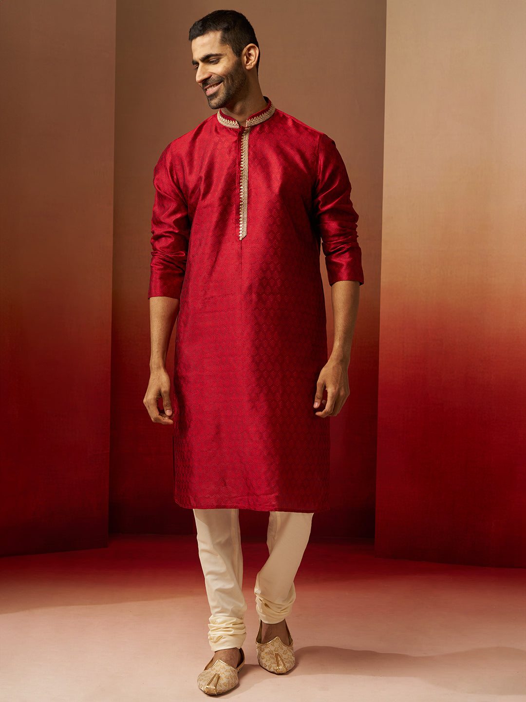 Men Maroon Silk Anmol Jacquard Kurta