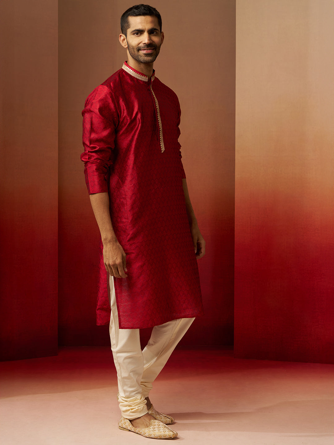 Men's Maroon Jacquard Kurta with Cream Churidar Set