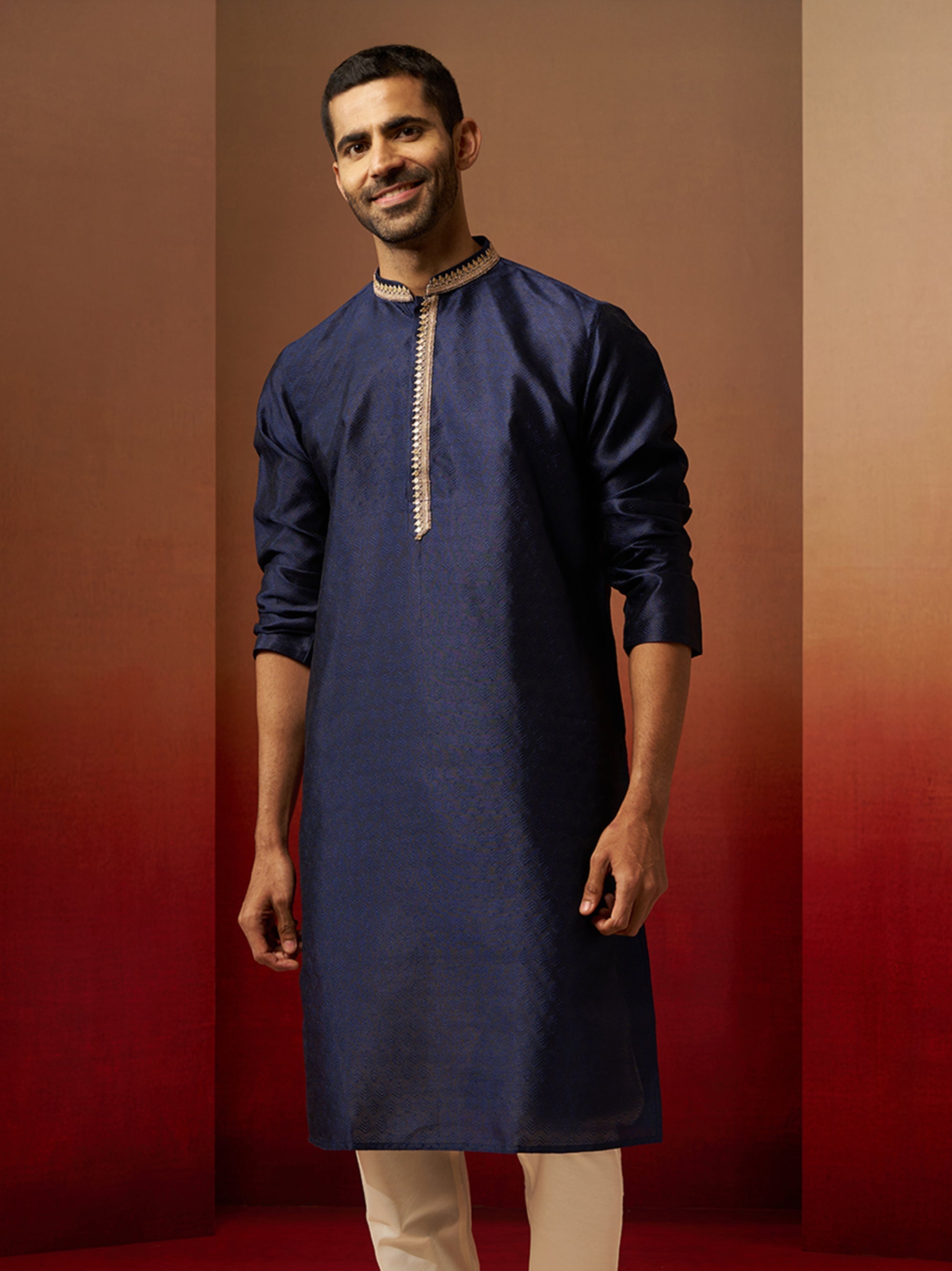 Vastramay Men Navy Blue Silk Anmol Jacquard Kurta
