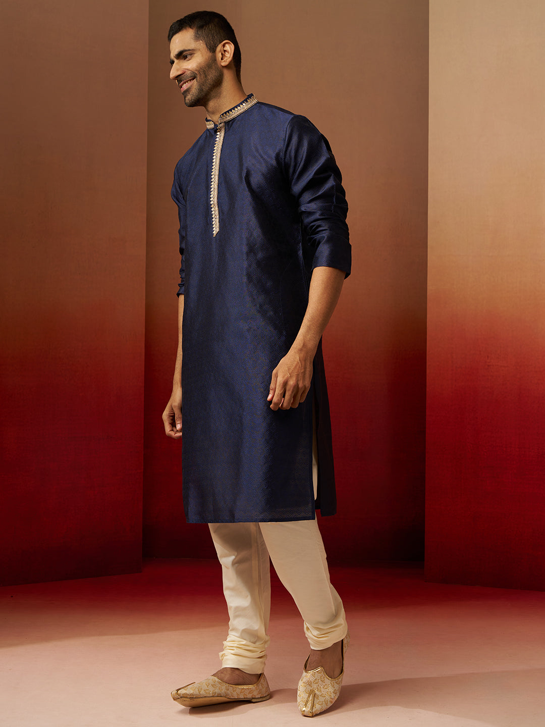 Men's Navy Blue Jacquard Kurta with Cream Churidar Set