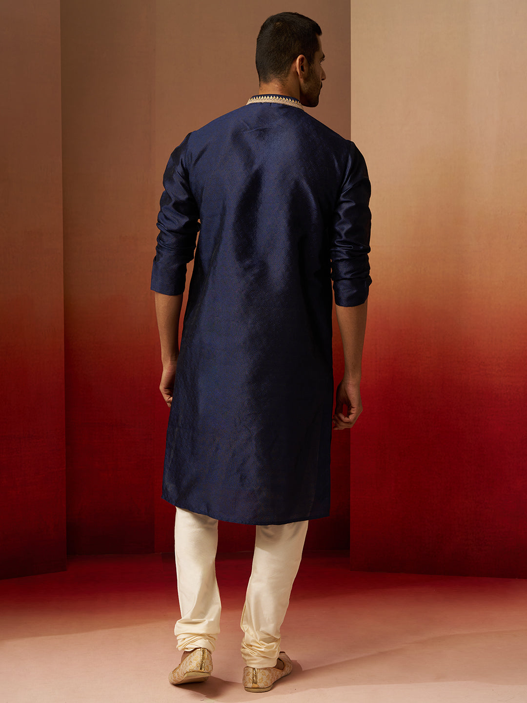 Men's Navy Blue Jacquard Kurta with Cream Churidar Set