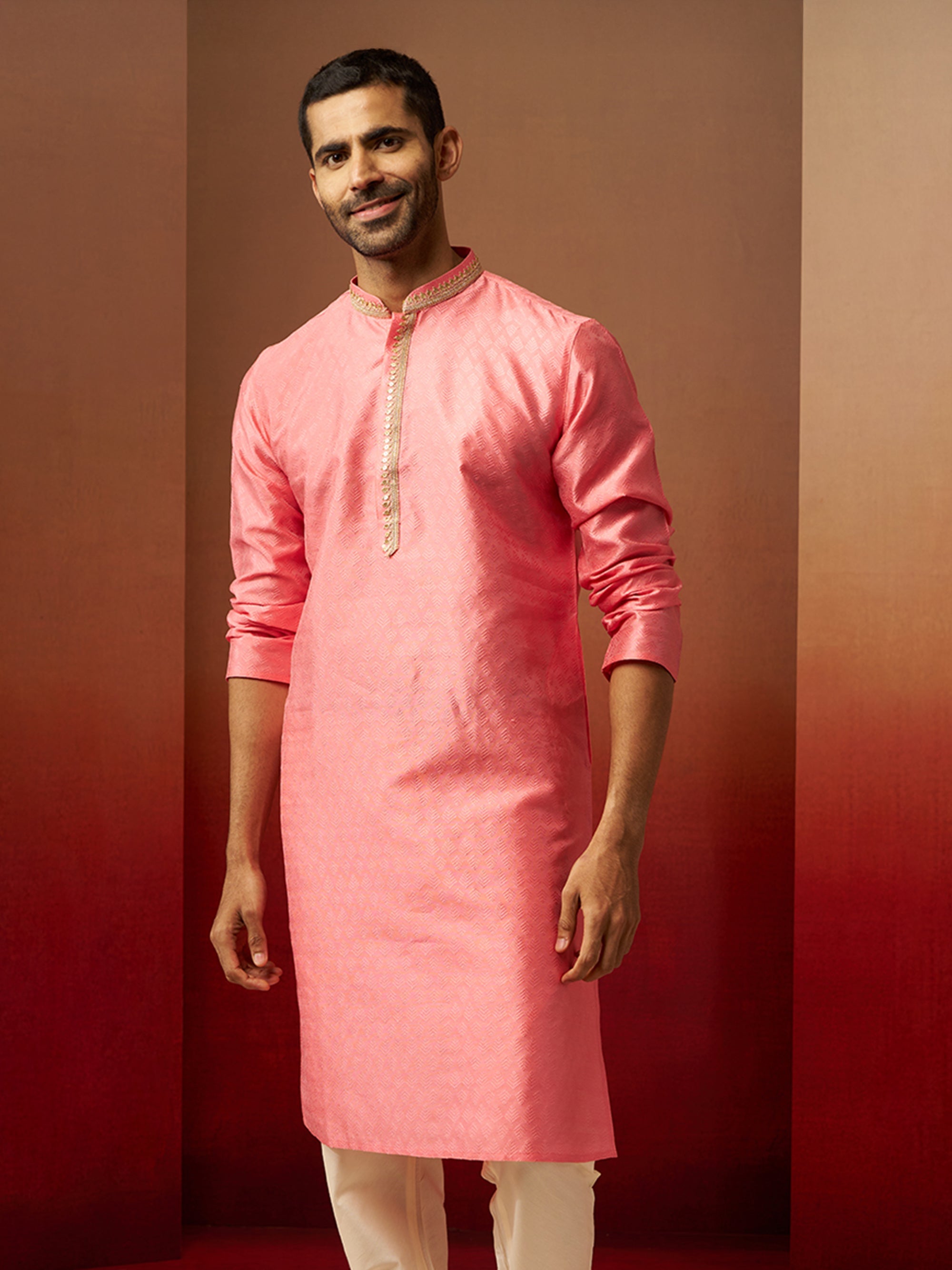 Vastramay Men Pink Silk Anmol Jacquard Kurta