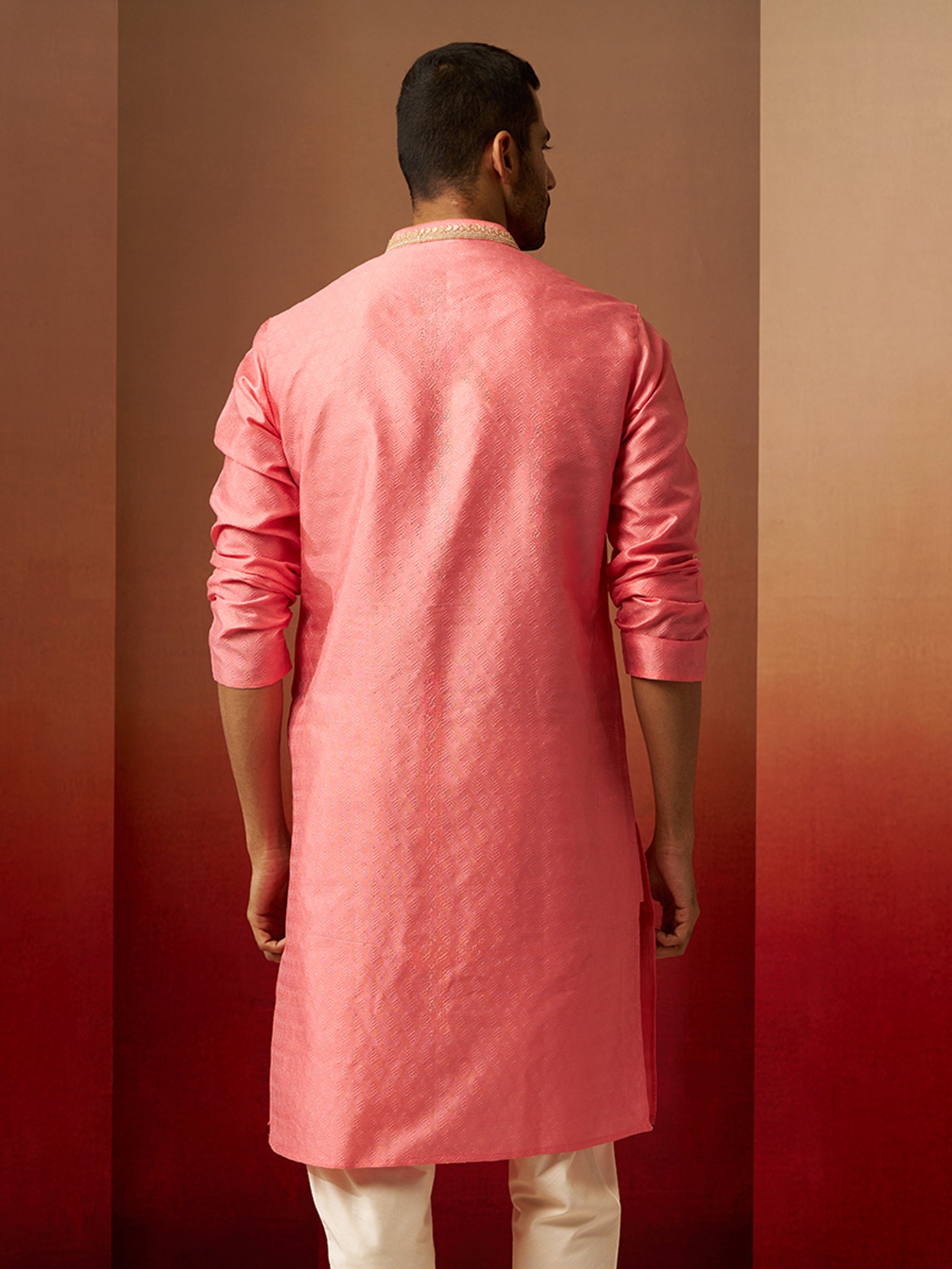Vastramay Men Pink Silk Anmol Jacquard Kurta