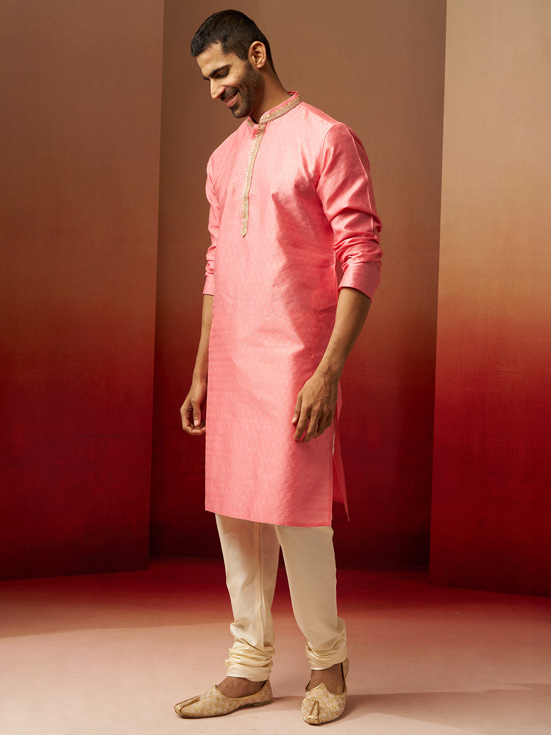 Men's Pink Jacquard Kurta with Cream Churidar Set