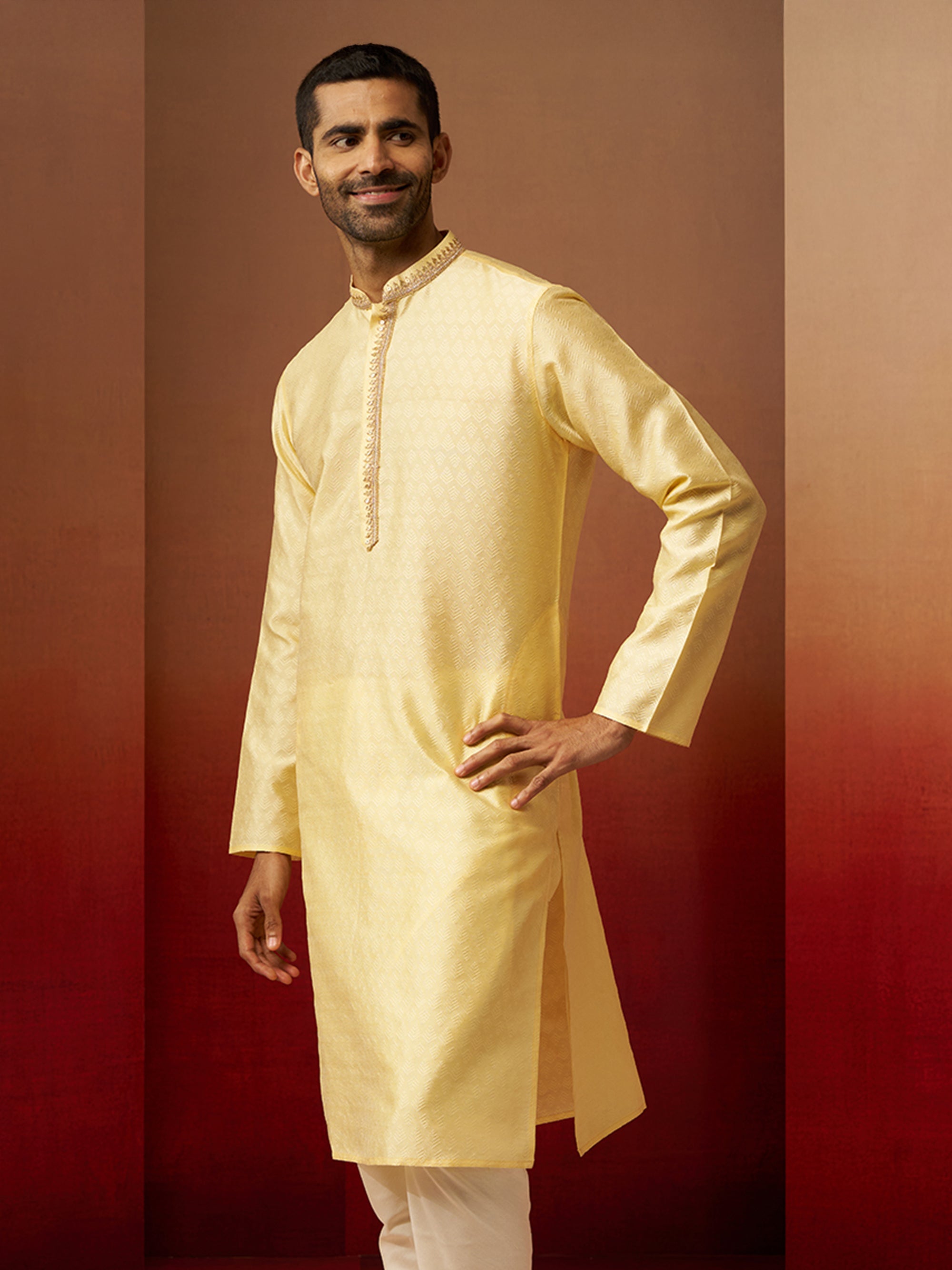 Men Yellow Silk Anmol Jacquard Kurta