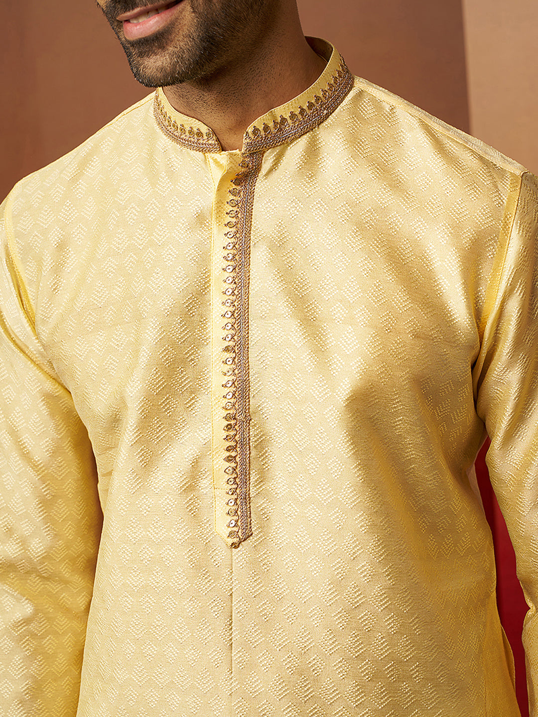 Men's Yellow Jacquard Kurta with Cream Churidar Set