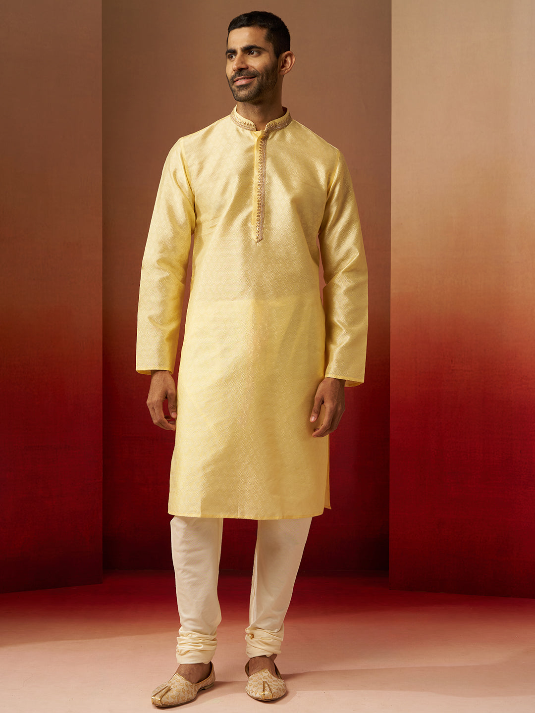 Men's Yellow Jacquard Kurta with Cream Churidar Set
