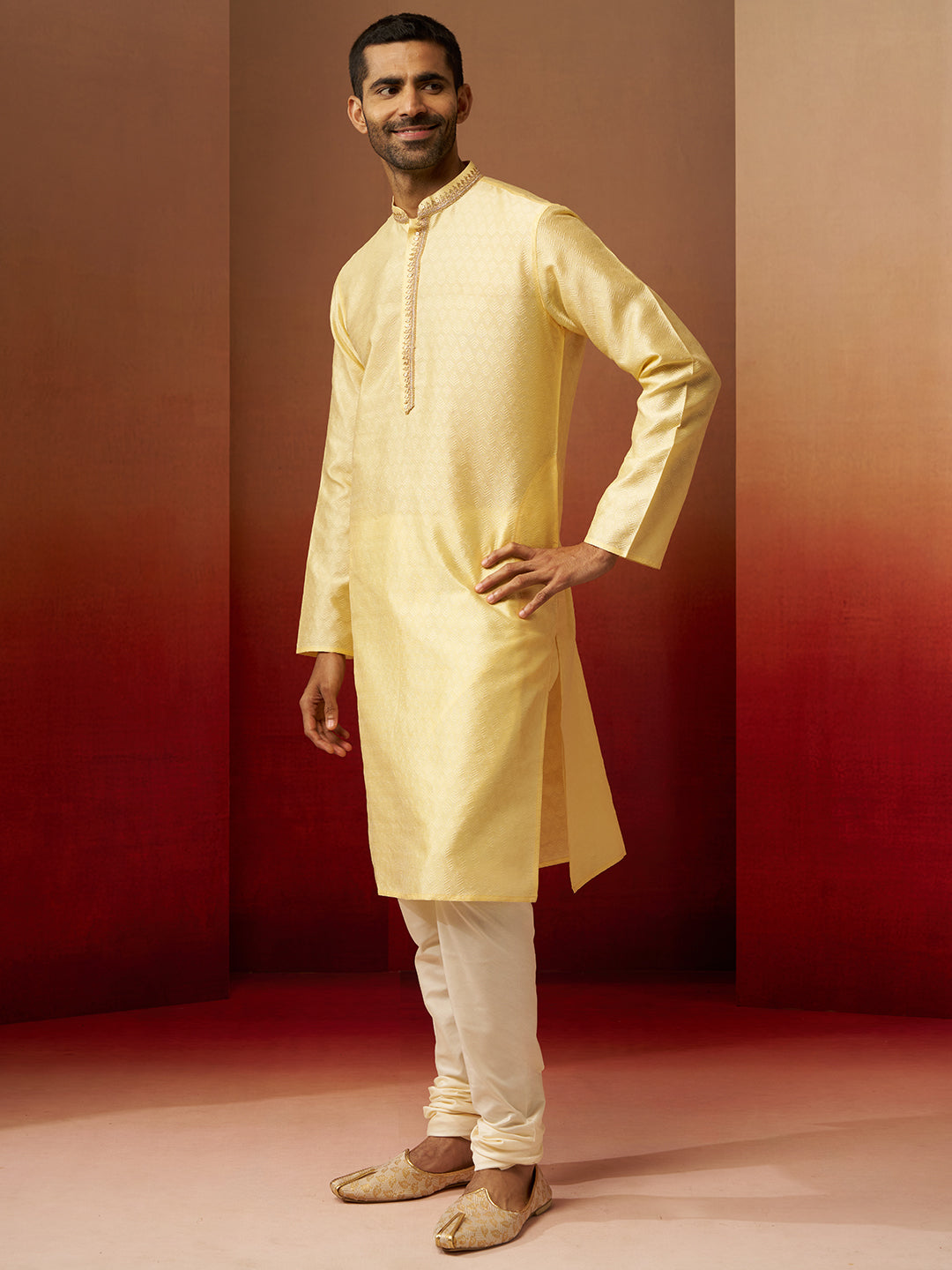 Men's Yellow Jacquard Kurta with Cream Churidar Set