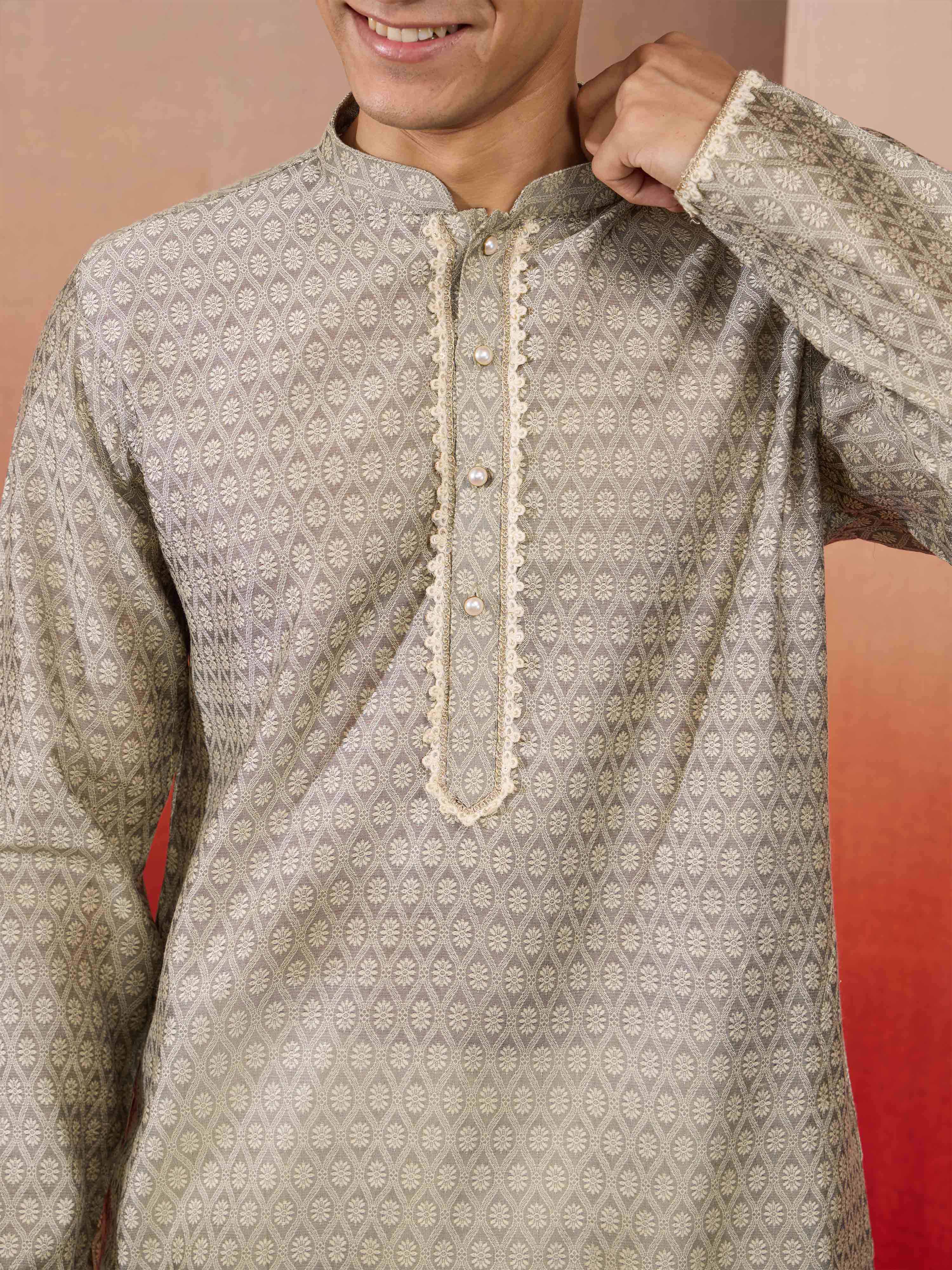 Men's Grey Silk Jacquard Kurta