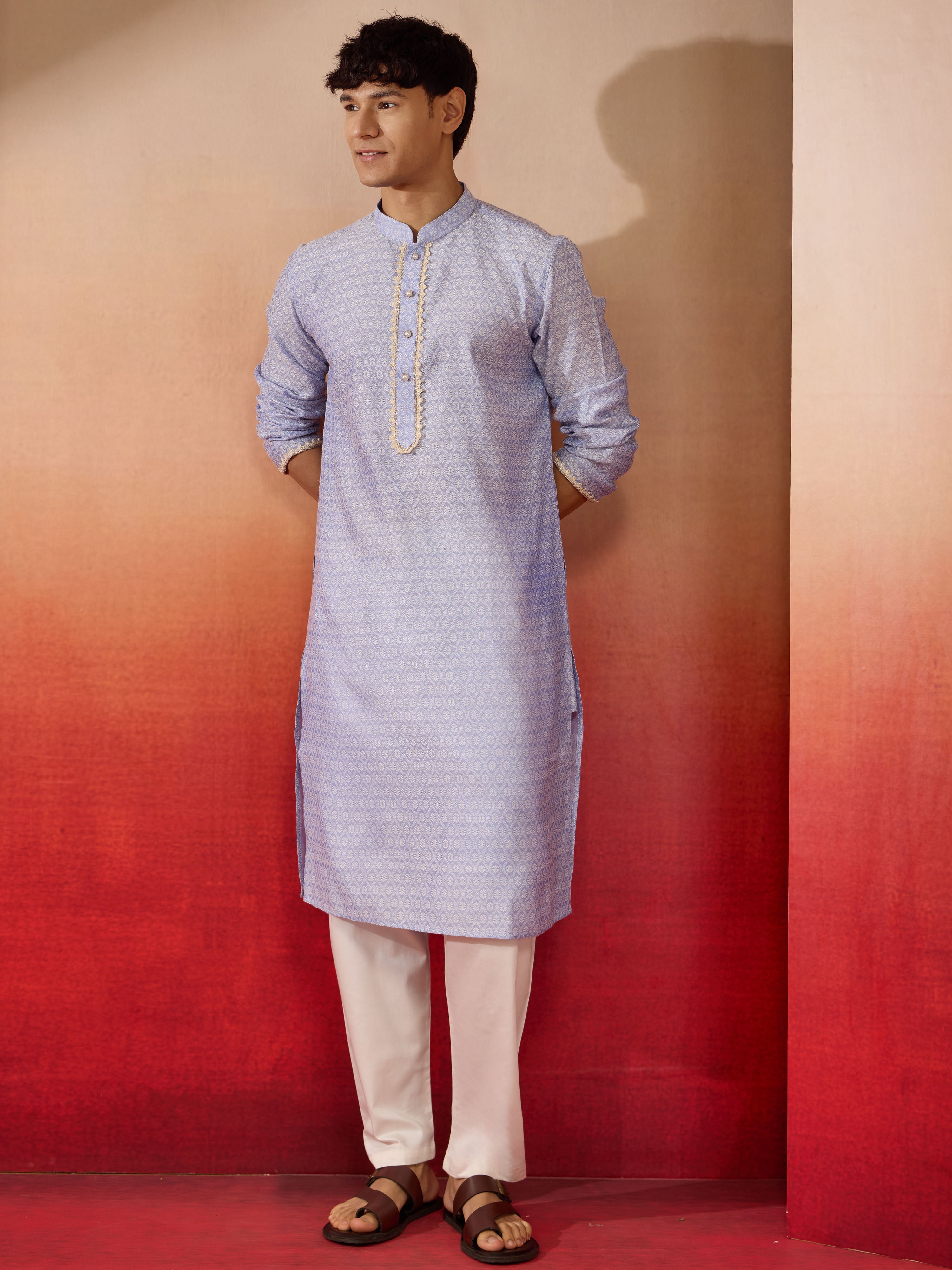 Mens Sky Blue Jacquard Kurta with Pyjama