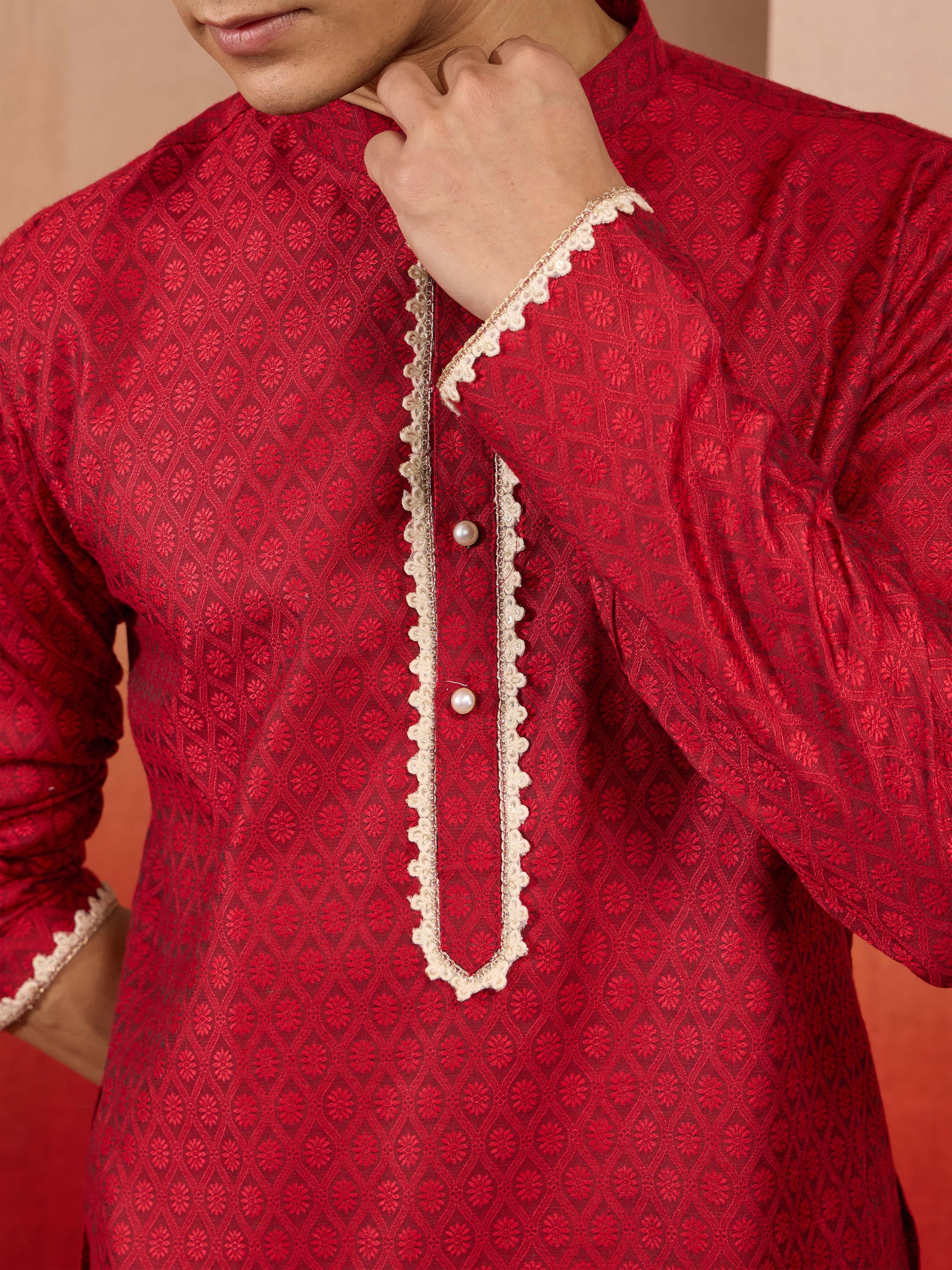 Men's Maroon Silk Jacquard Kurta