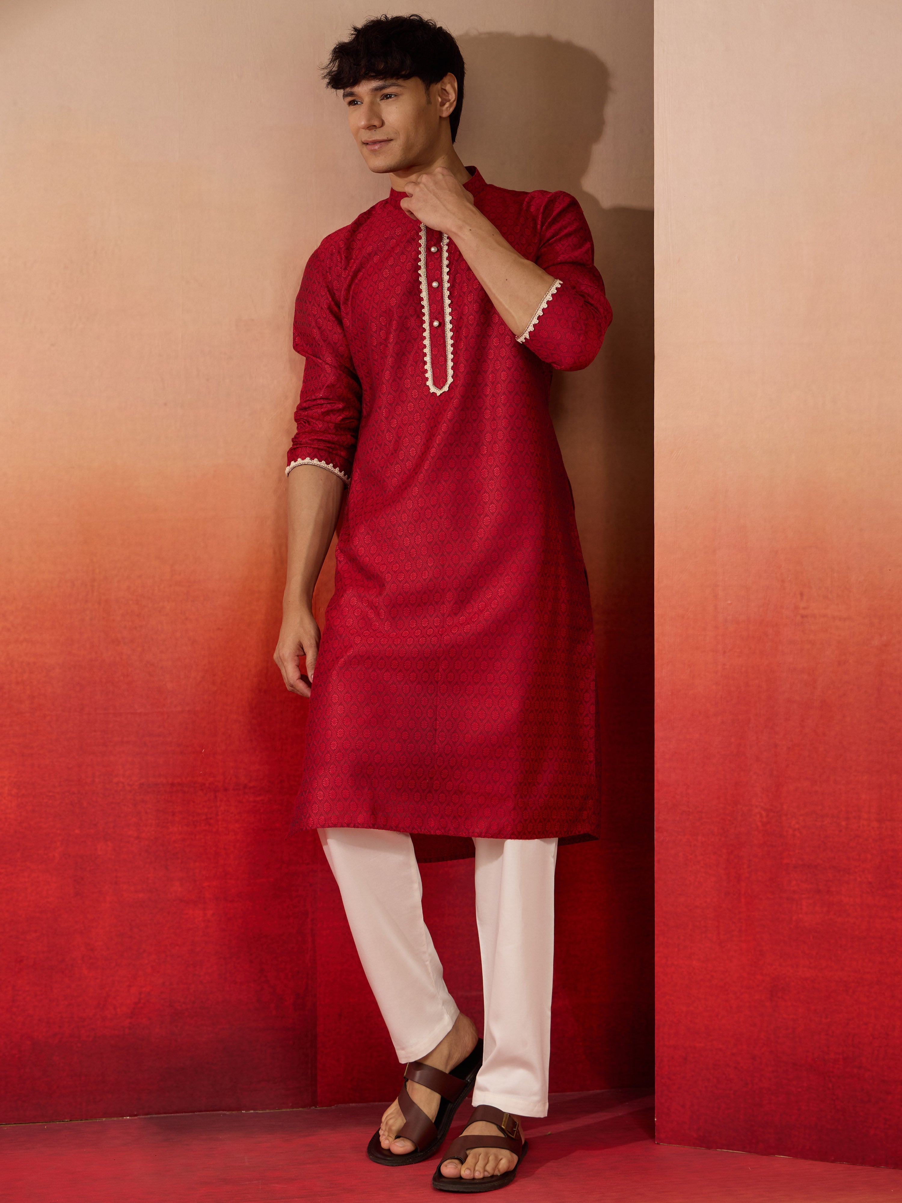 Mens Maroon Jacquard Kurta with Pyjama